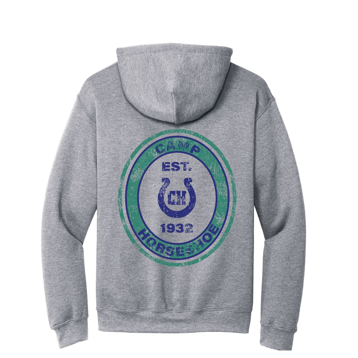 Grey hooded sweatshirt with Camp Horseshoe logo on back