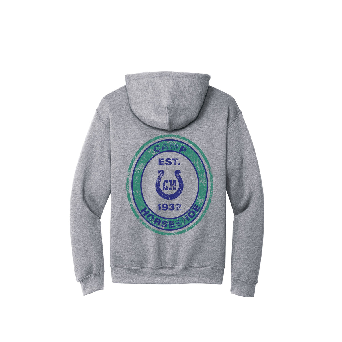 Grey hooded sweatshirt with Camp Horseshoe logo on back