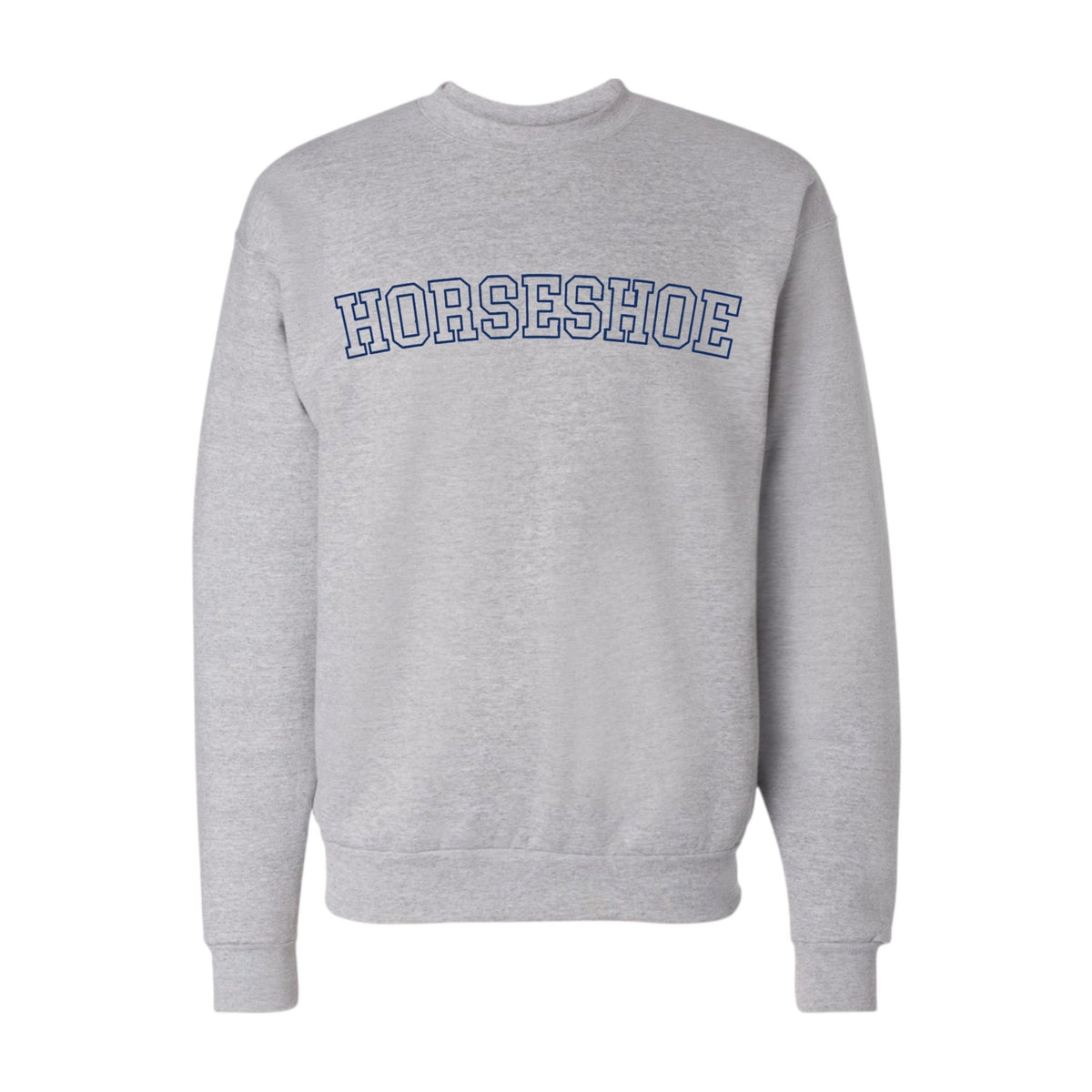 Grey crewneck sweatshirt with Horseshoe text in navy blue block lettering