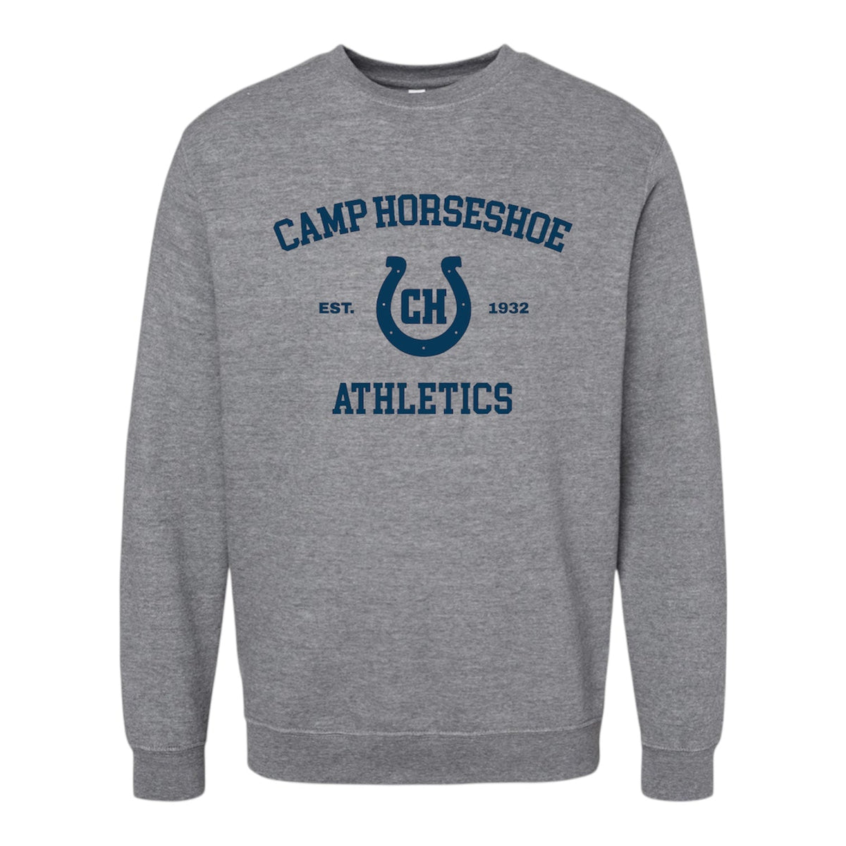 Grey crewneck sweatshirt with Camp Horseshoe Athletics logo and horseshoe graphic in navy blue