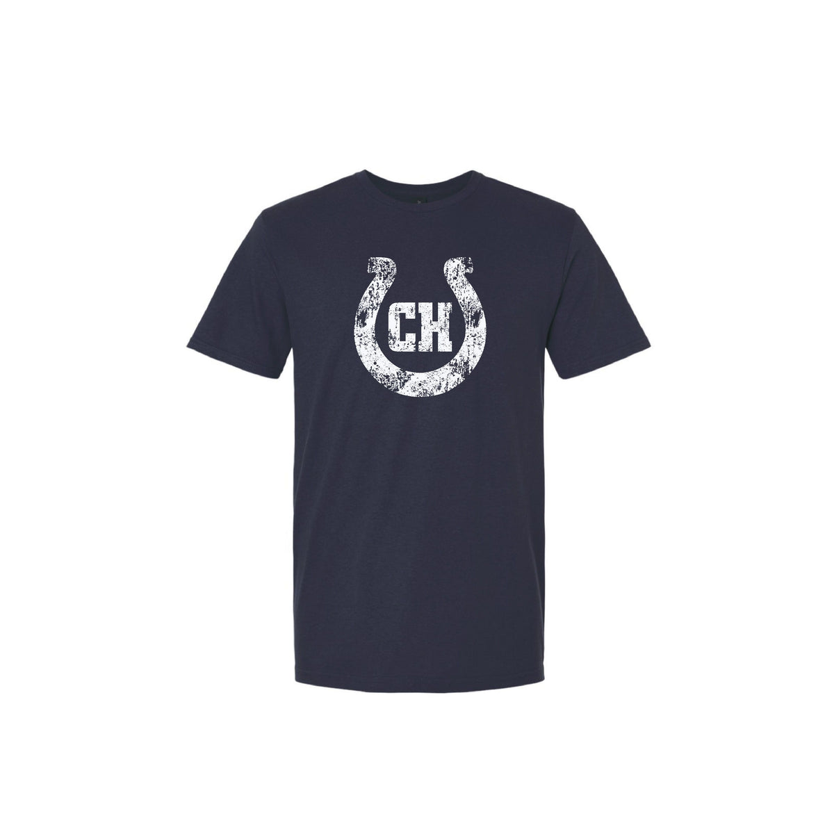 Navy blue t-shirt with white distressed horseshoe graphic containing the letters CH