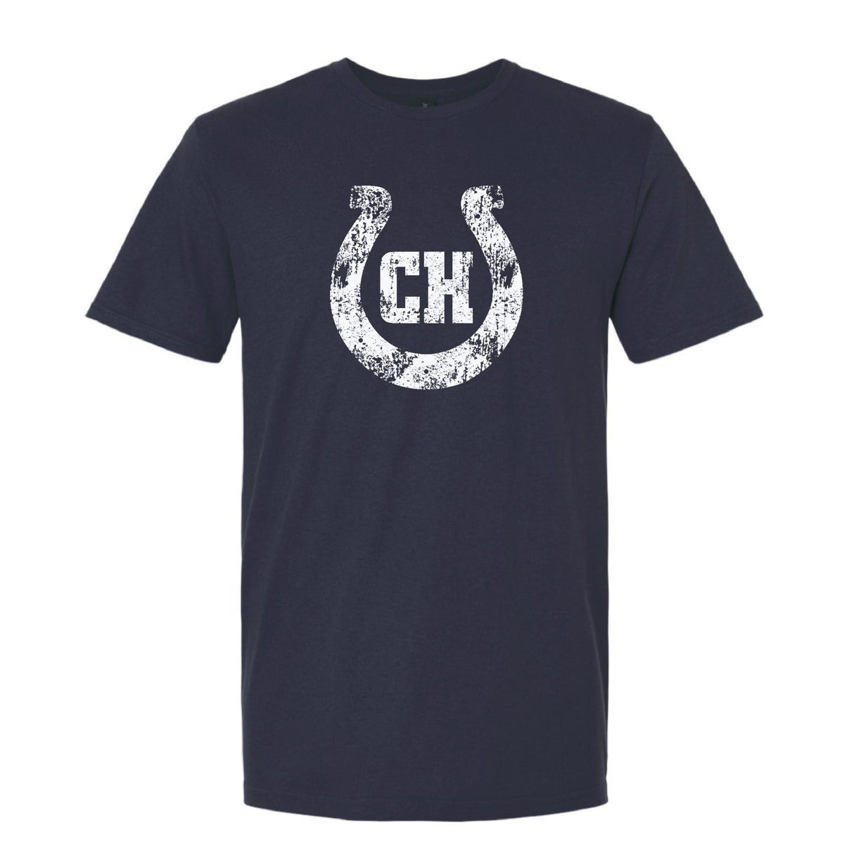 Navy blue t-shirt with white distressed horseshoe graphic containing the letters CH