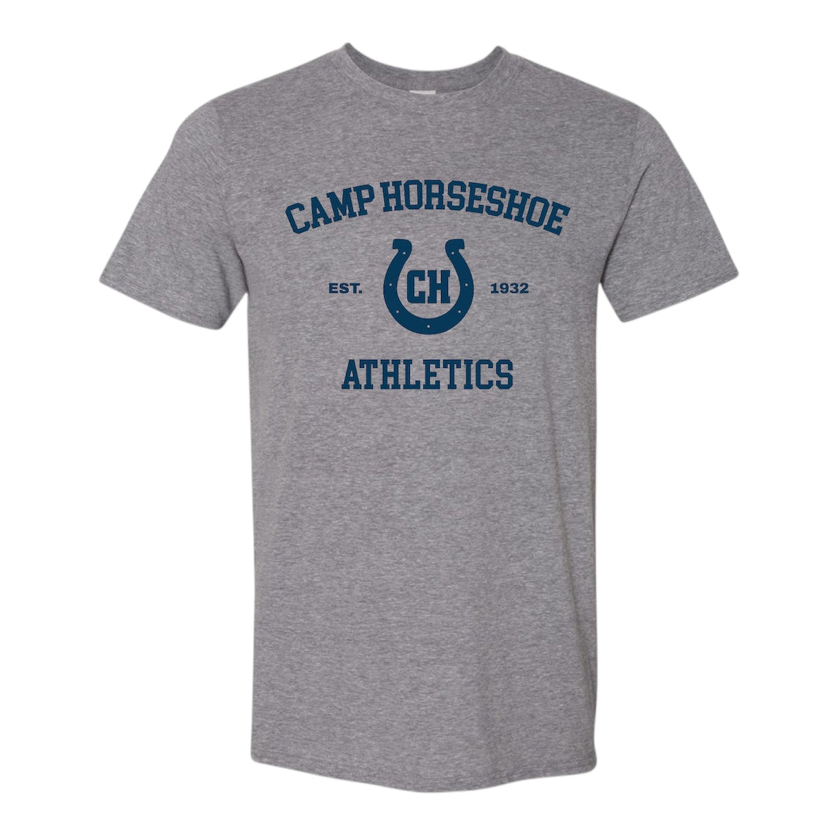 Grey t-shirt with Camp Horseshoe Athletics logo and horseshoe graphic