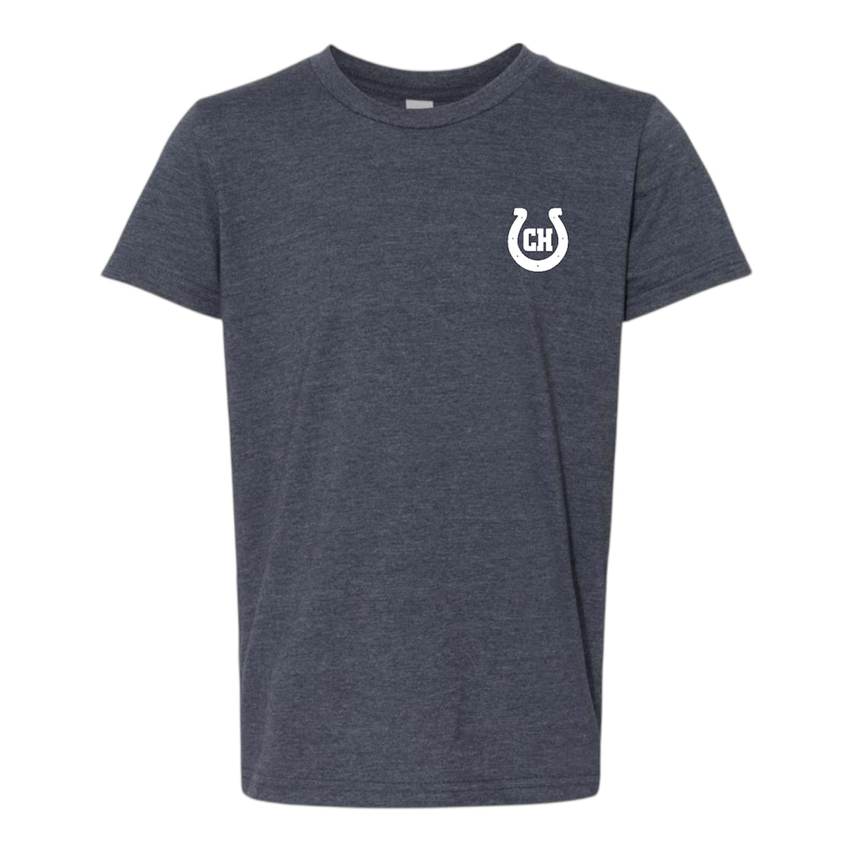 Dark grey heather crew neck t-shirt with white horseshoe logo containing letters CH on left chest