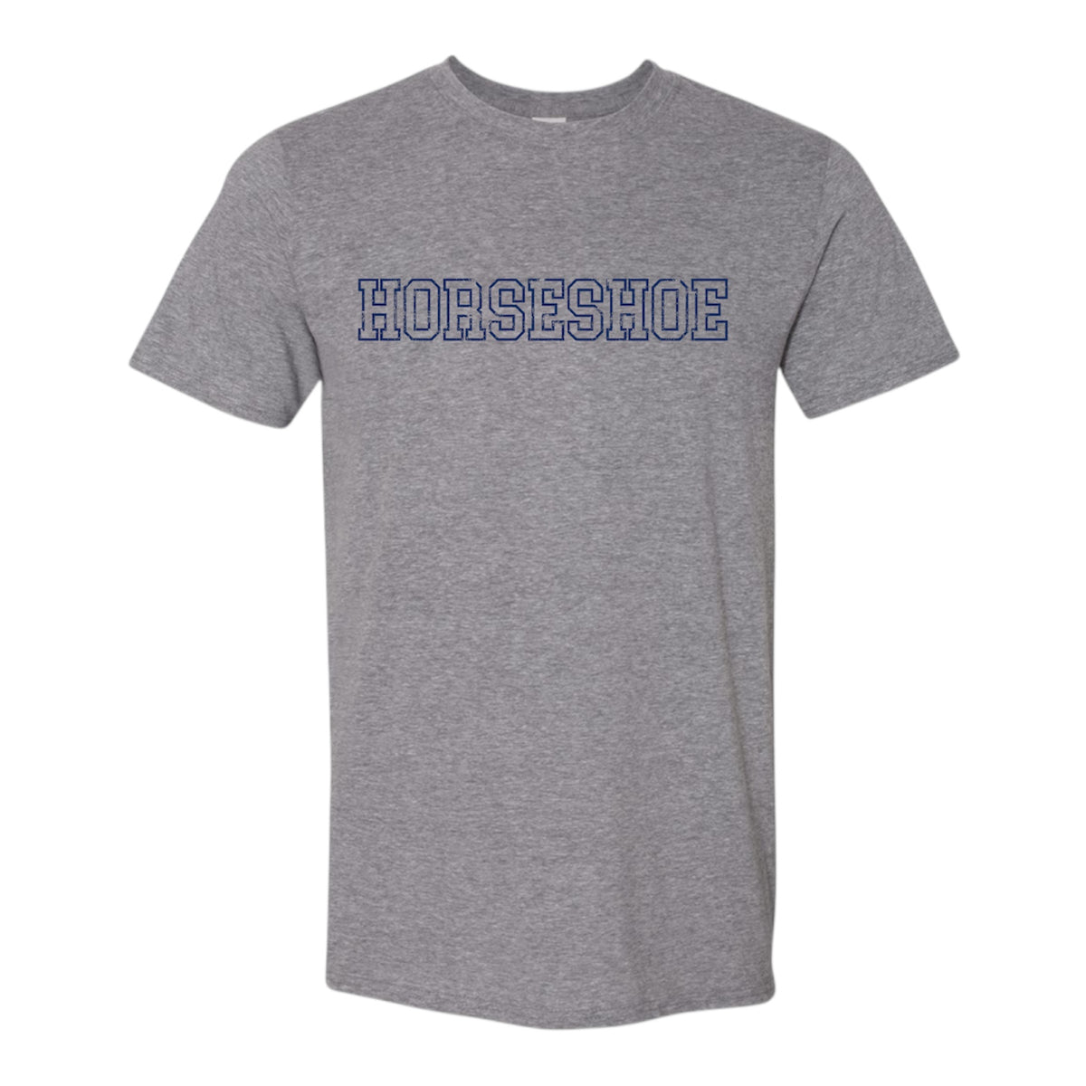 Grey short sleeve crew neck t-shirt with Horseshoe printed in navy blue collegiate font on the chest