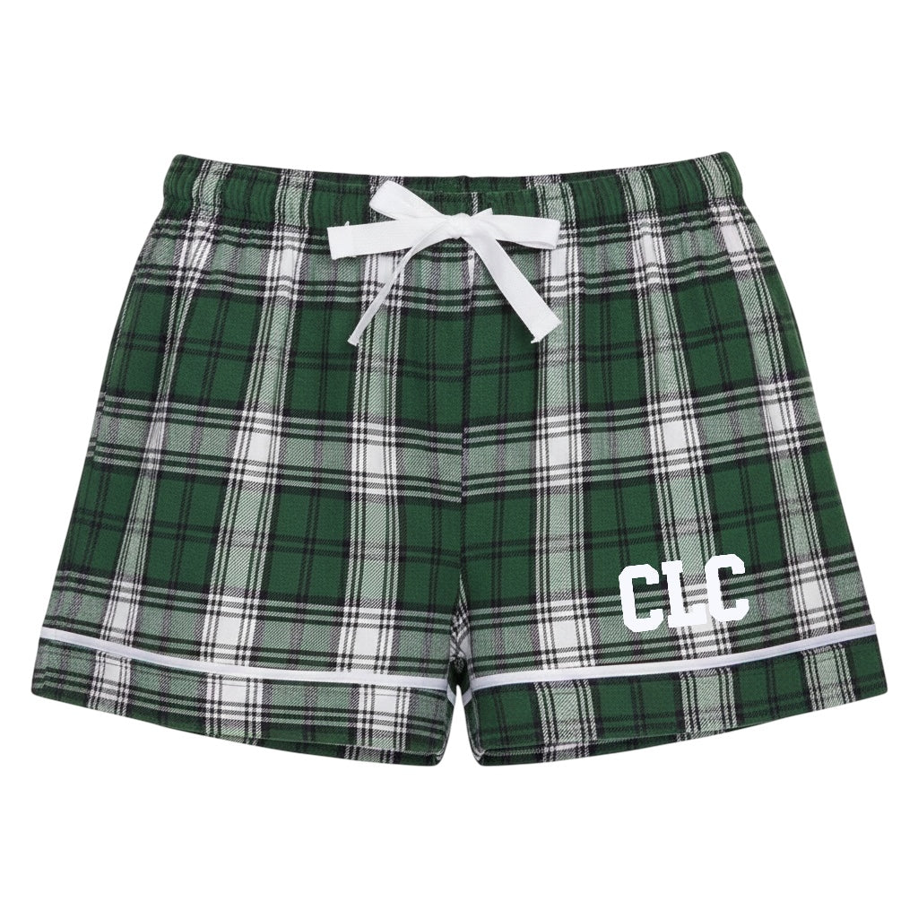 Green and white plaid pajama shorts with white drawstring and CLC lettering