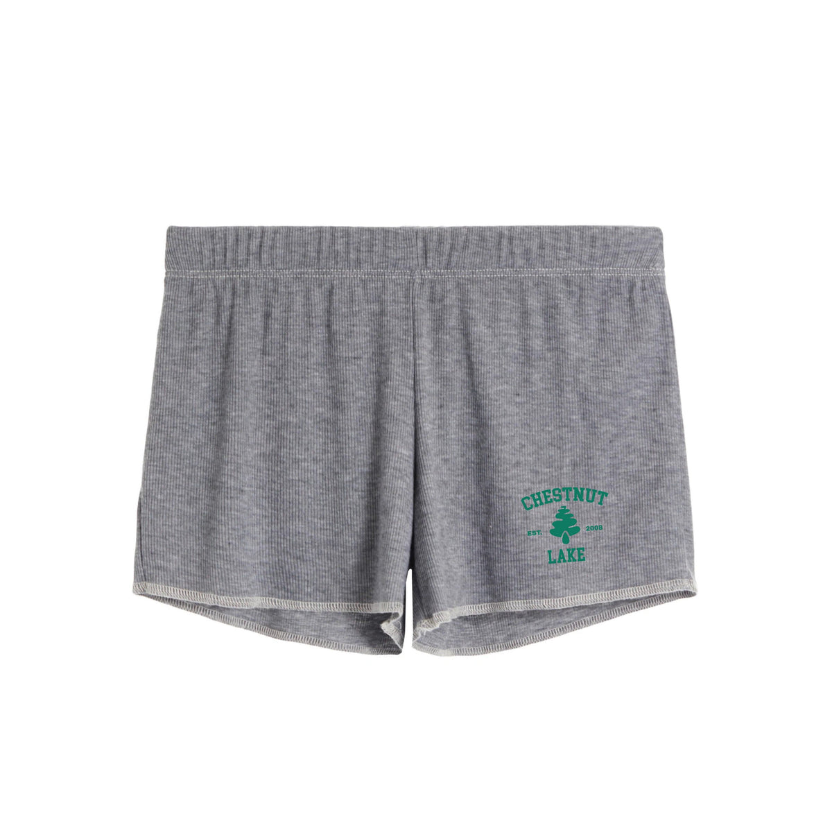 Grey ribbed lounge shorts with Chestnut Lake graphic print