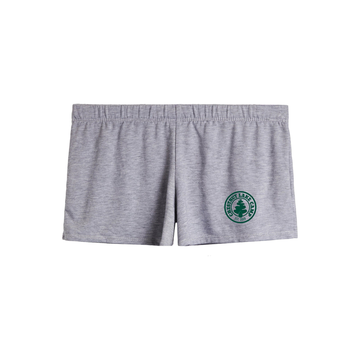 Grey athletic shorts with Chestnut Lake Camp logo on the right leg
