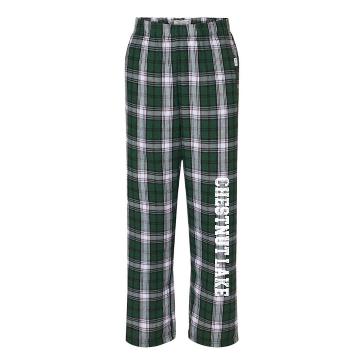 Green and white plaid lounge pants with Chestnut Lake text on the left leg