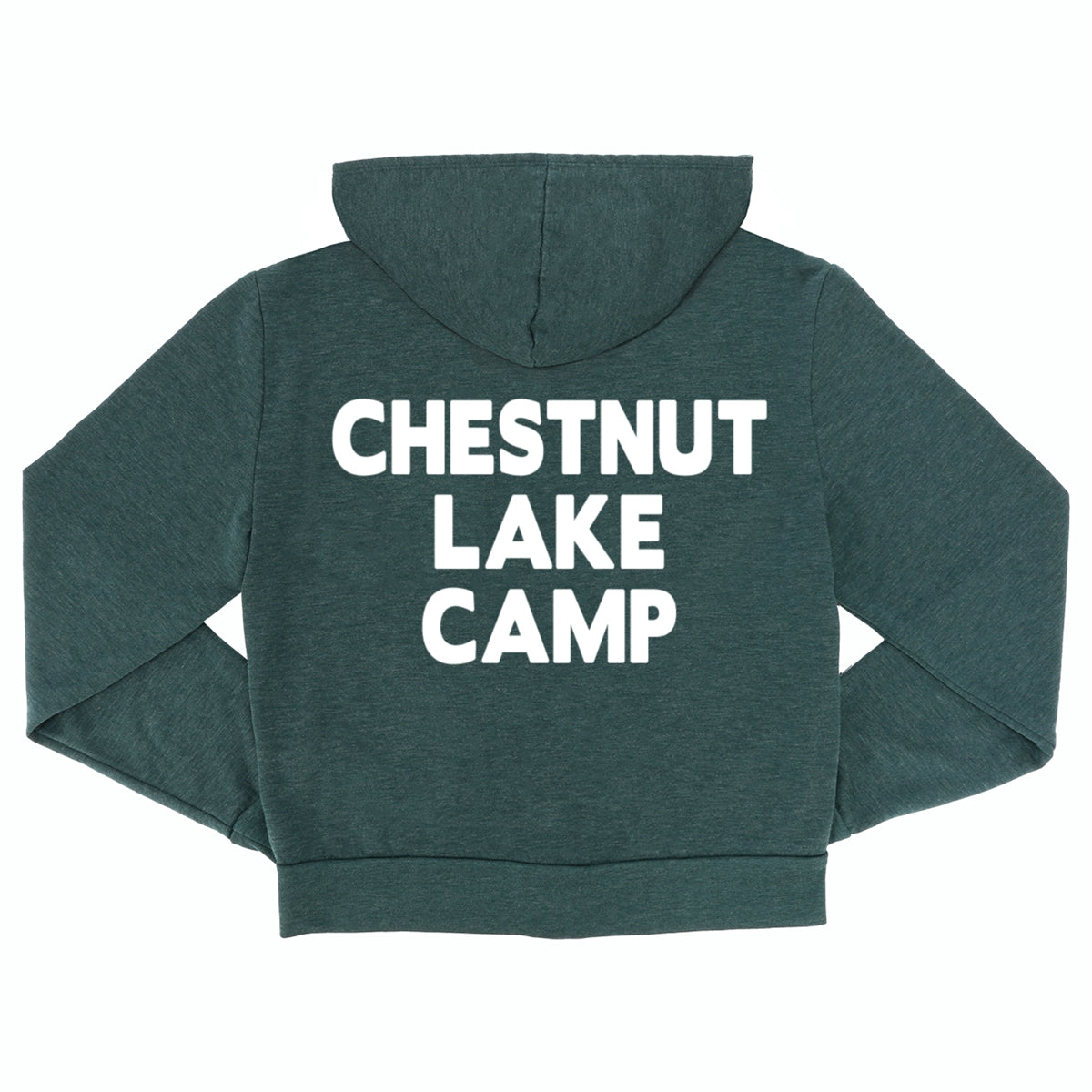 Dark green hooded sweatshirt with Chestnut Lake Camp printed in white text on the back