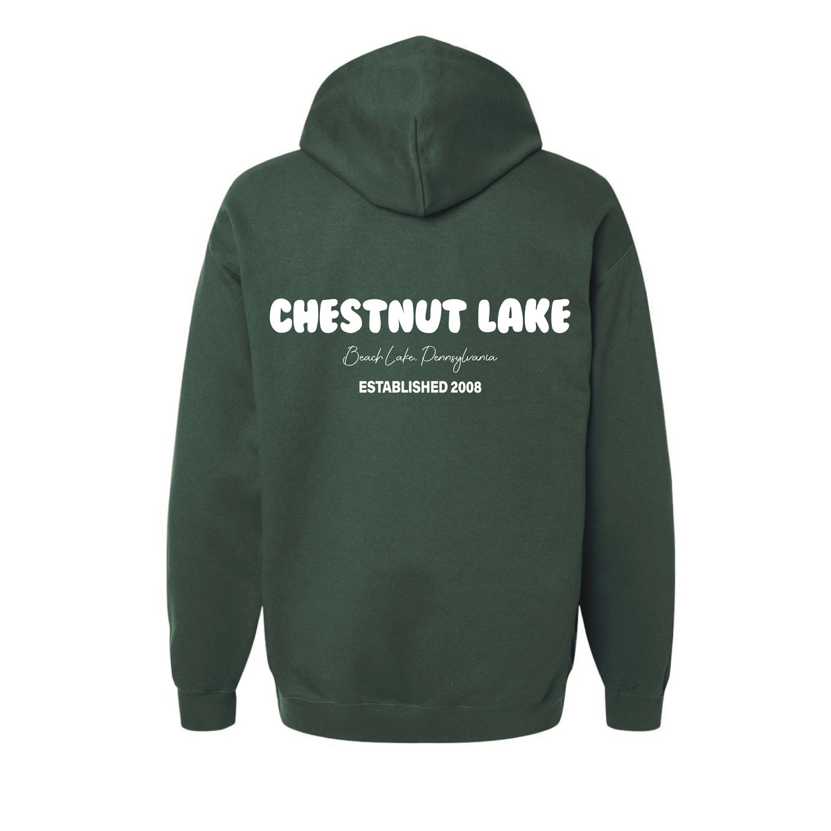 Dark green hoodie with white Chestnut Lake Beach Lake Pennsylvania Established 2008 text on the back