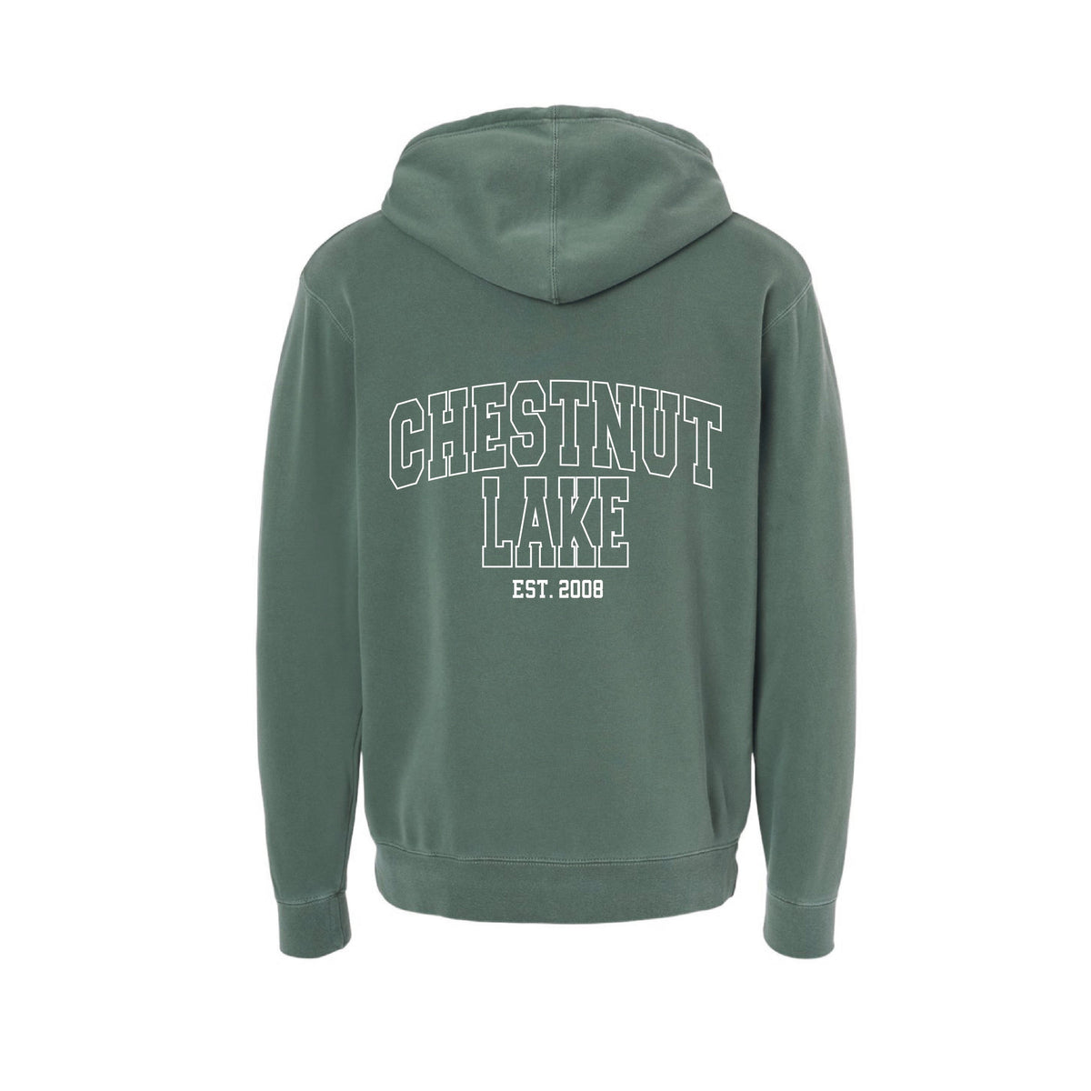 Back view of a green hoodie with Chestnut Lake Est 2008 text printed in white