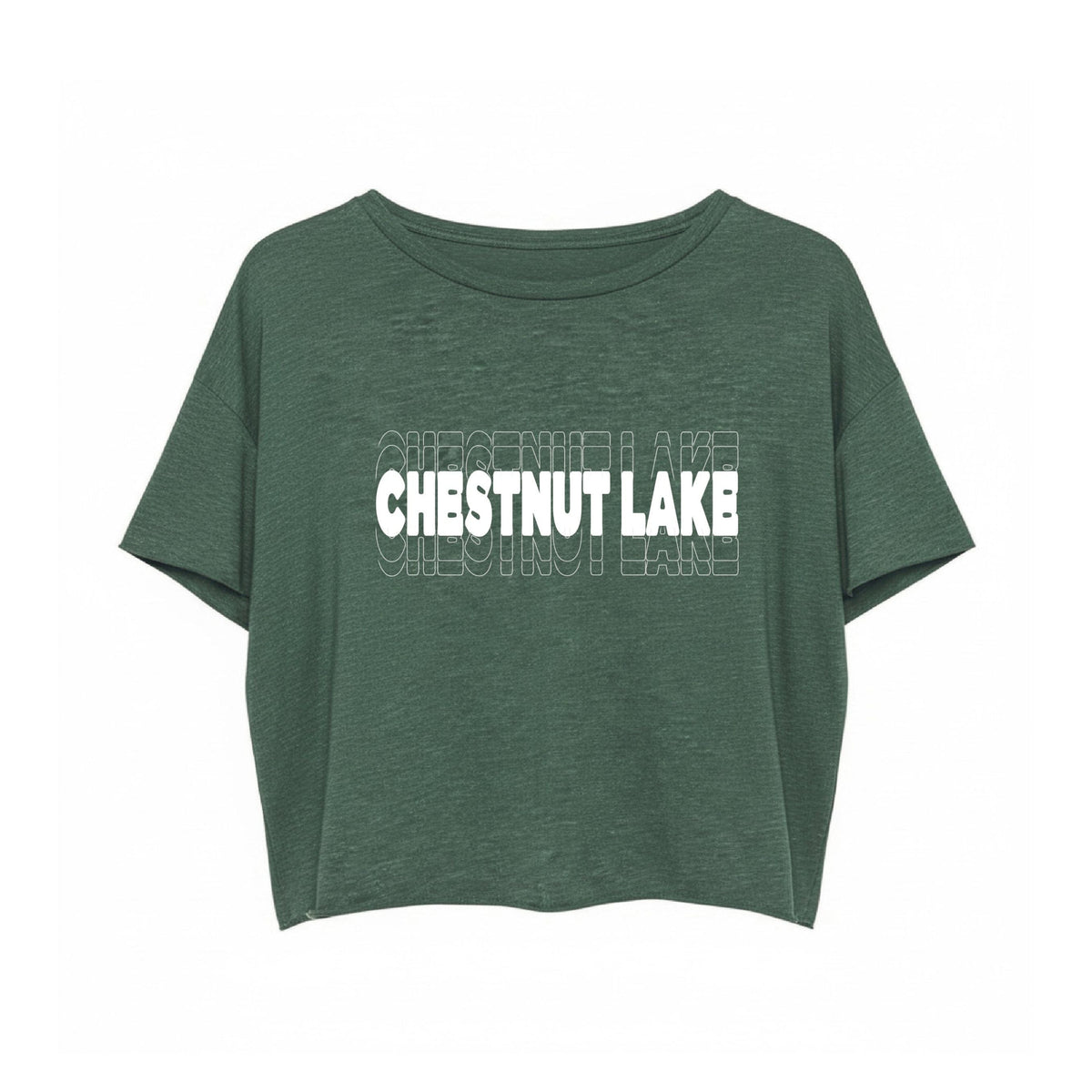 Dark green cropped t-shirt with Chestnut Lake text graphic