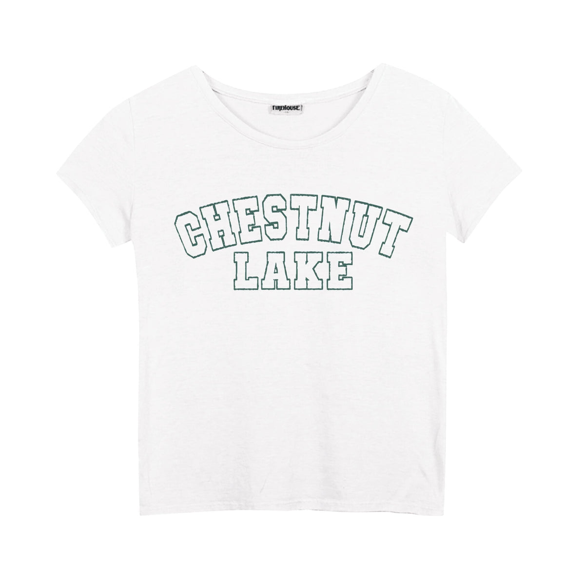 White short sleeve t-shirt with green Chestnut Lake text