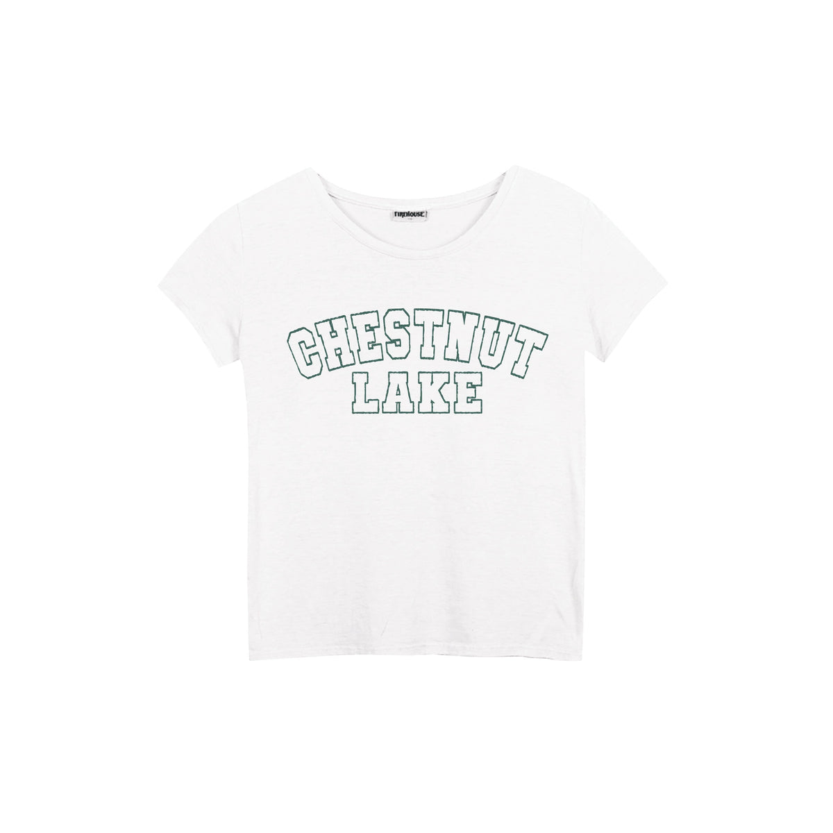 White short sleeve t-shirt with green Chestnut Lake text