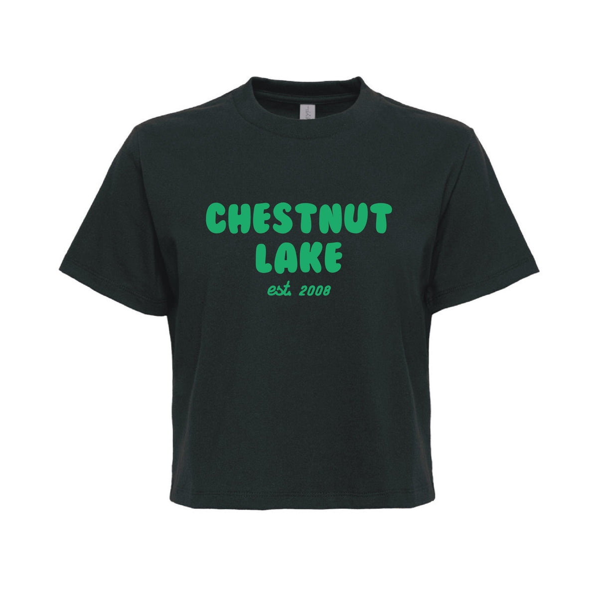 Black cropped t-shirt with green Chestnut Lake est 2008 text on the chest