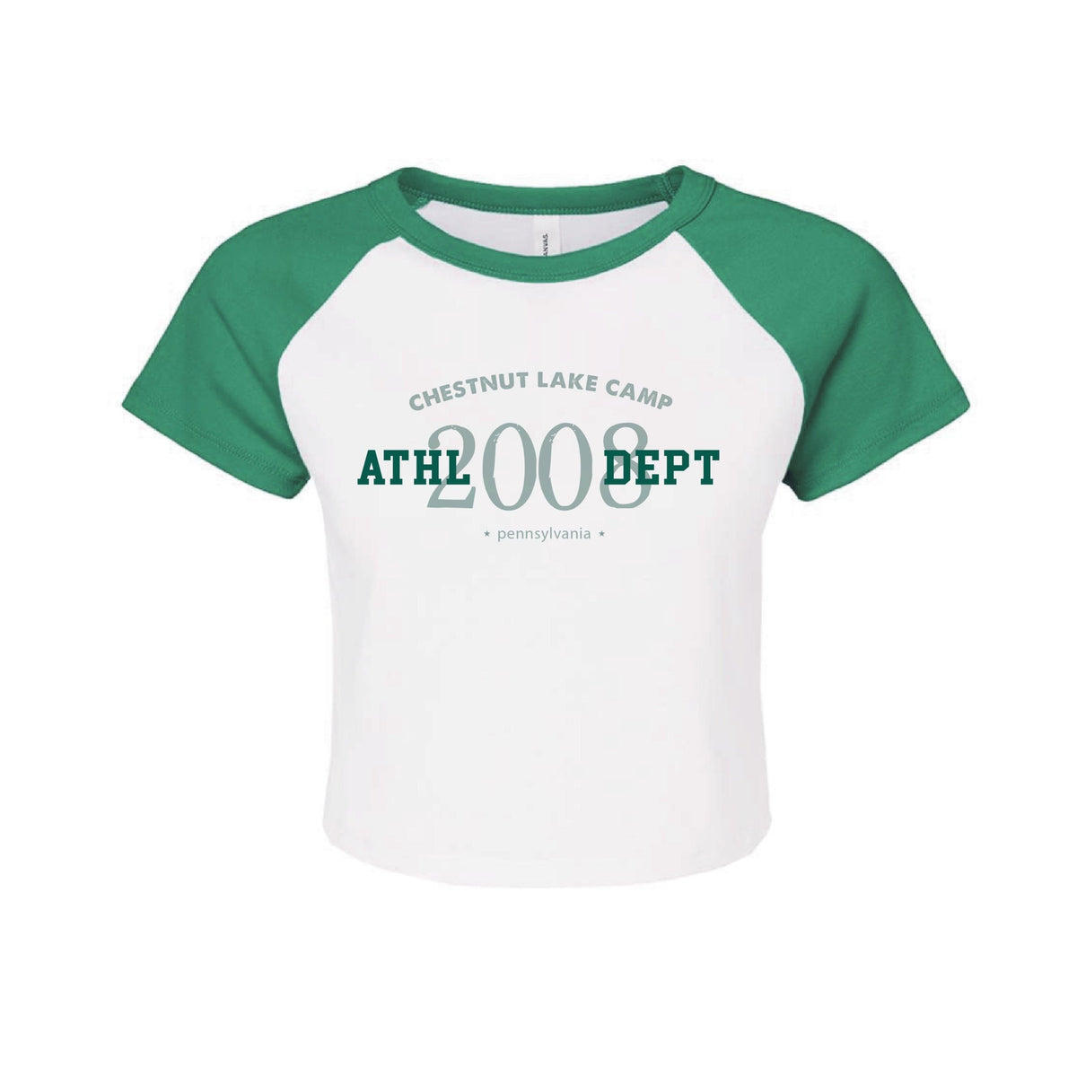 White and green raglan crop top with Chestnut Lake Camp 2008 graphic