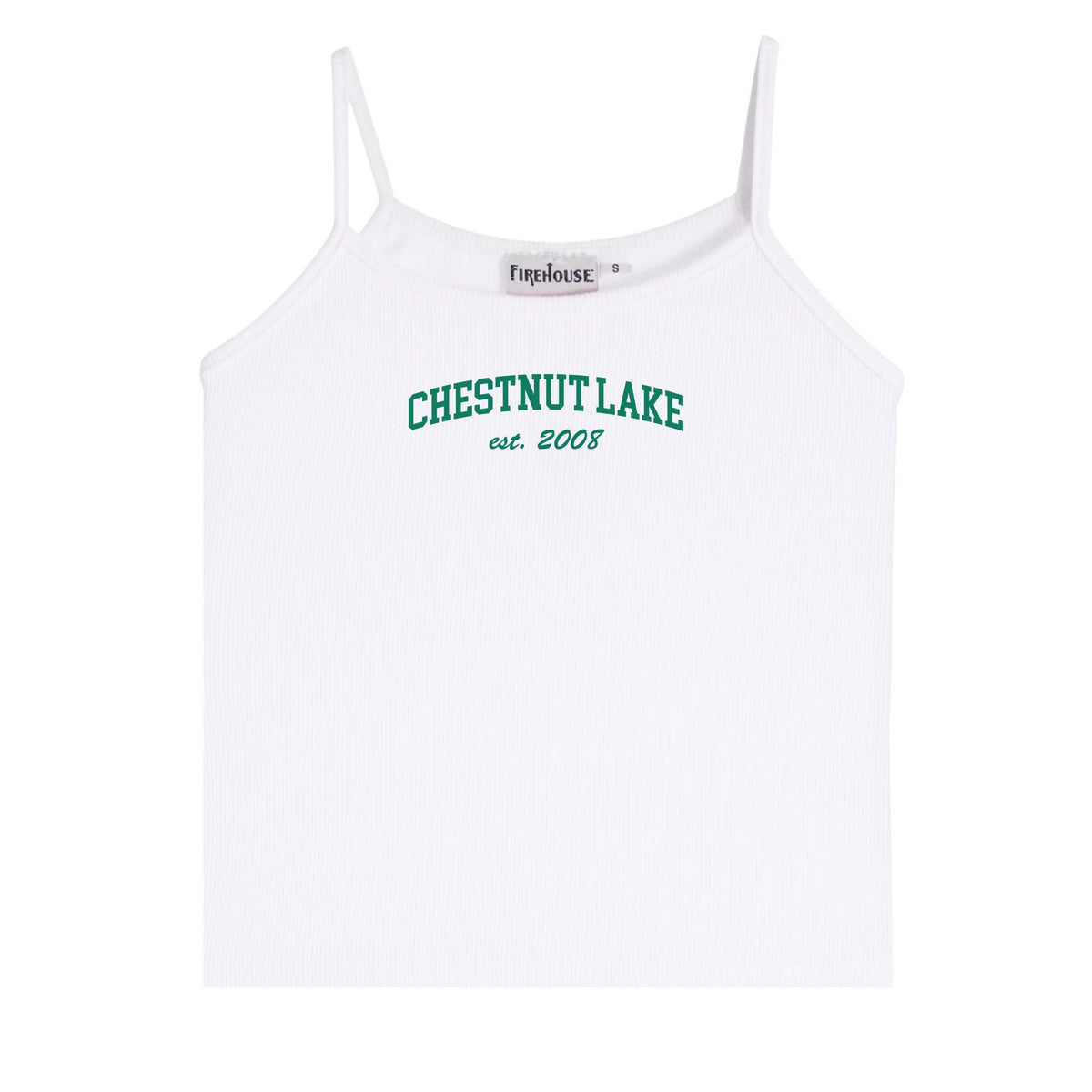 White ribbed camisole with green Chestnut Lake est 2008 text on chest