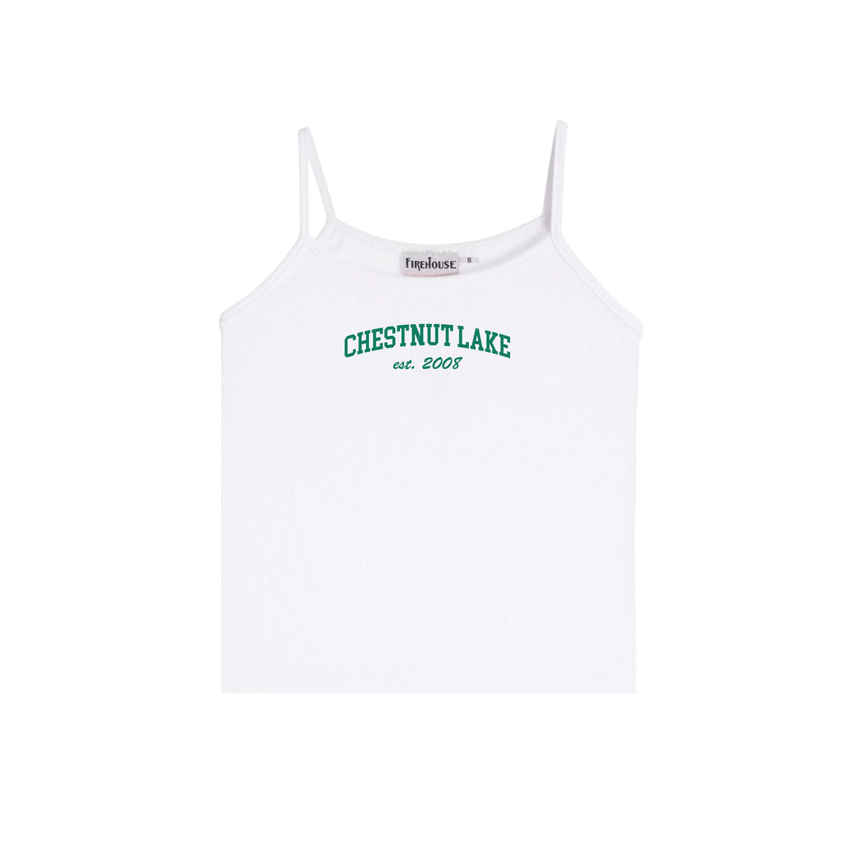 White ribbed camisole with green Chestnut Lake est 2008 text on chest
