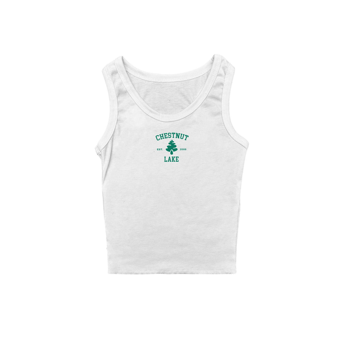 White ribbed tank top with green Chestnut Lake graphic on chest