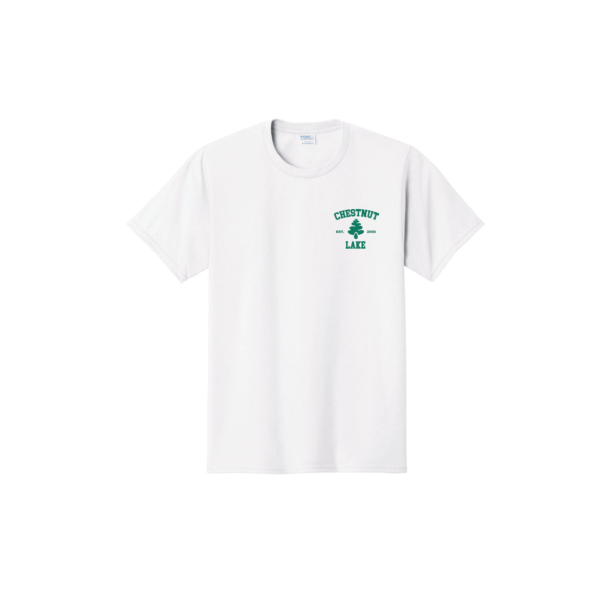 White short sleeve t-shirt with Chestnut Lake logo on the chest