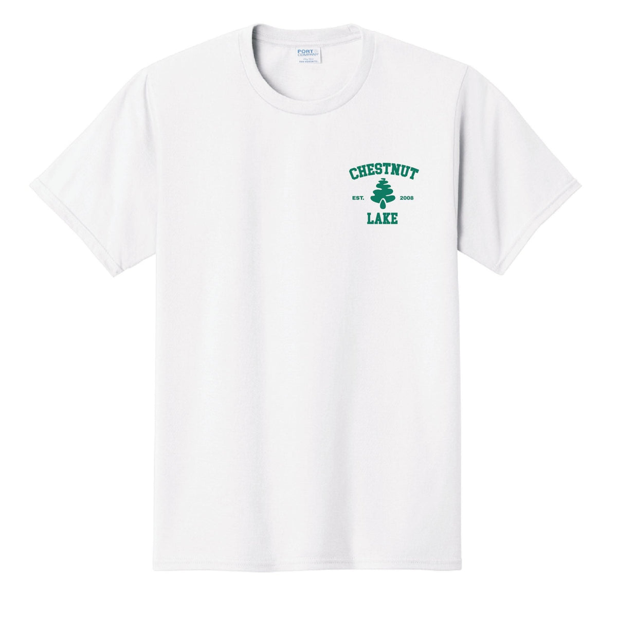White short sleeve t-shirt with Chestnut Lake logo on the chest