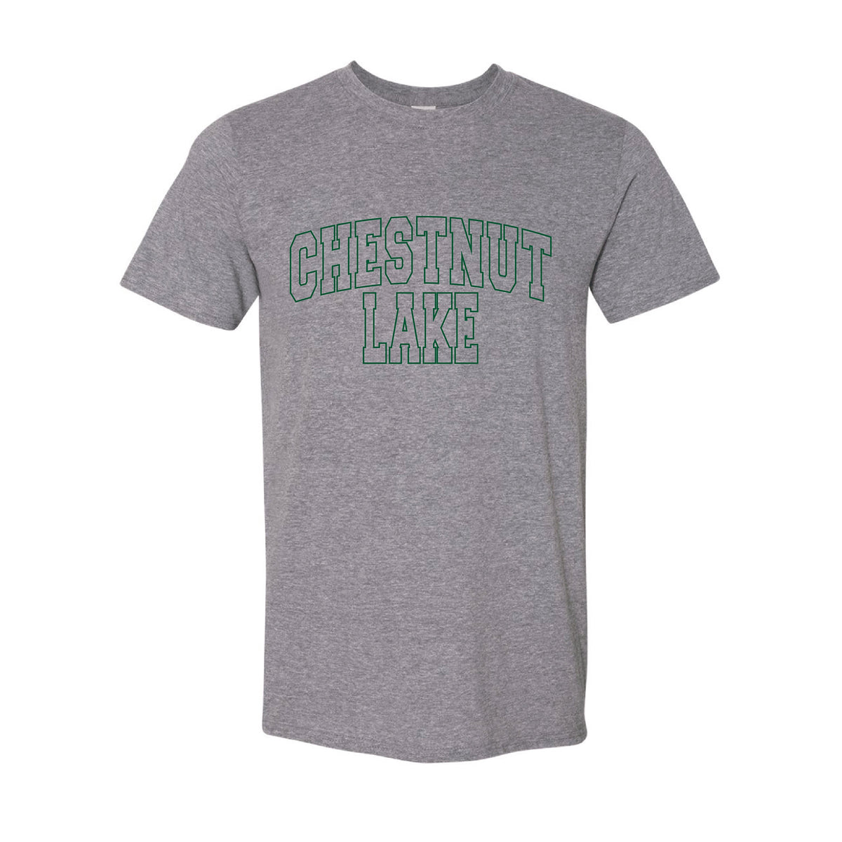Grey short sleeve t-shirt with green Chestnut Lake text in collegiate font