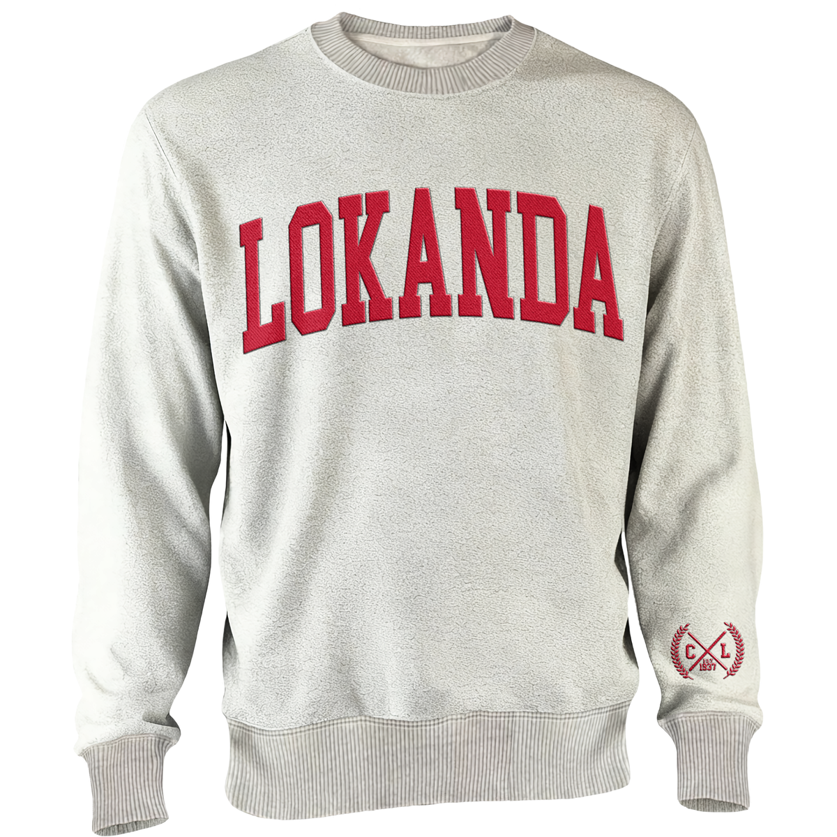 Grey crewneck sweatshirt with red Lokanda text and small brand logo on the left sleeve