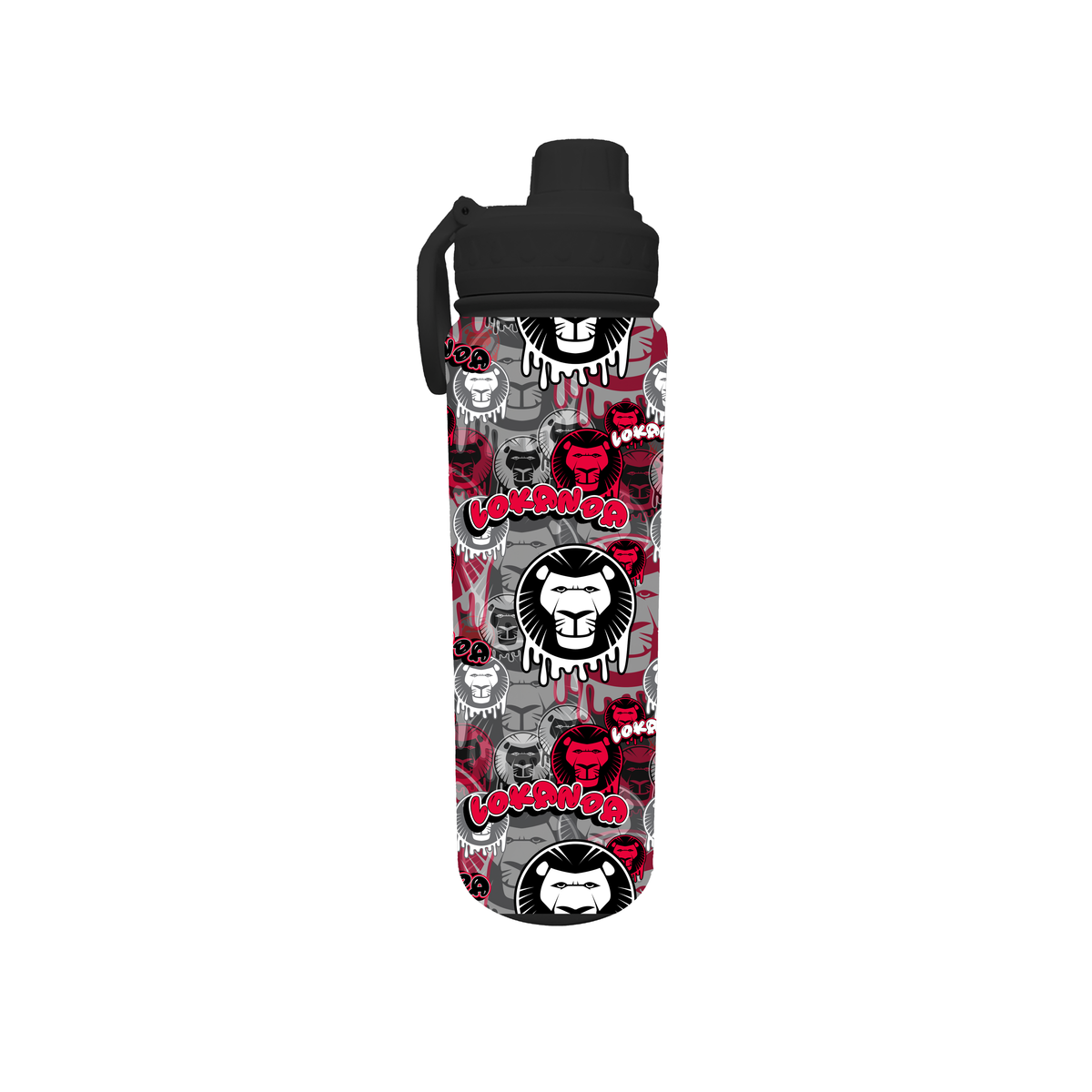 Water bottle with black cap and red white and grey lion head pattern with Lokanda text