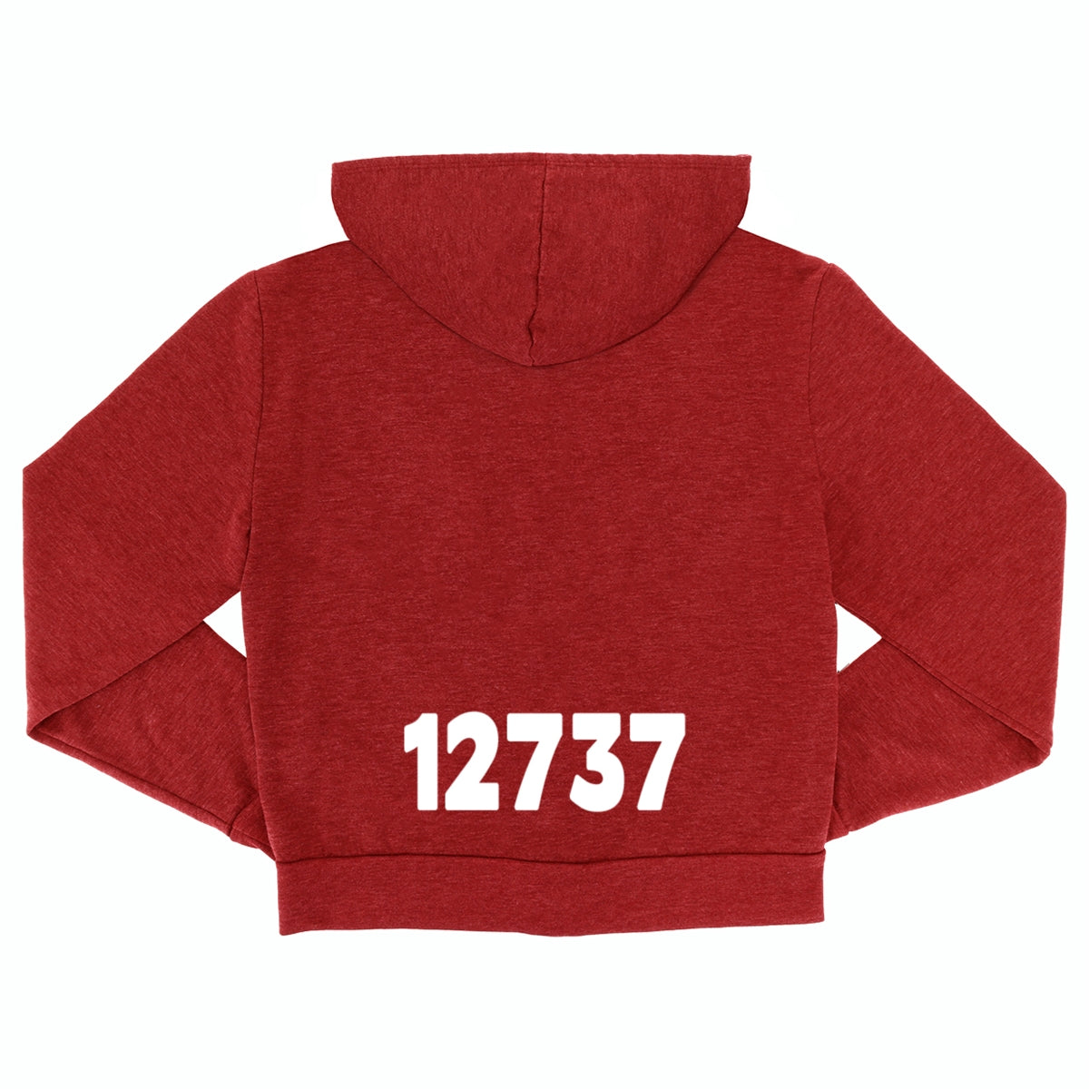 Back view of a red hooded sweatshirt with the white number 12737 printed on the lower back