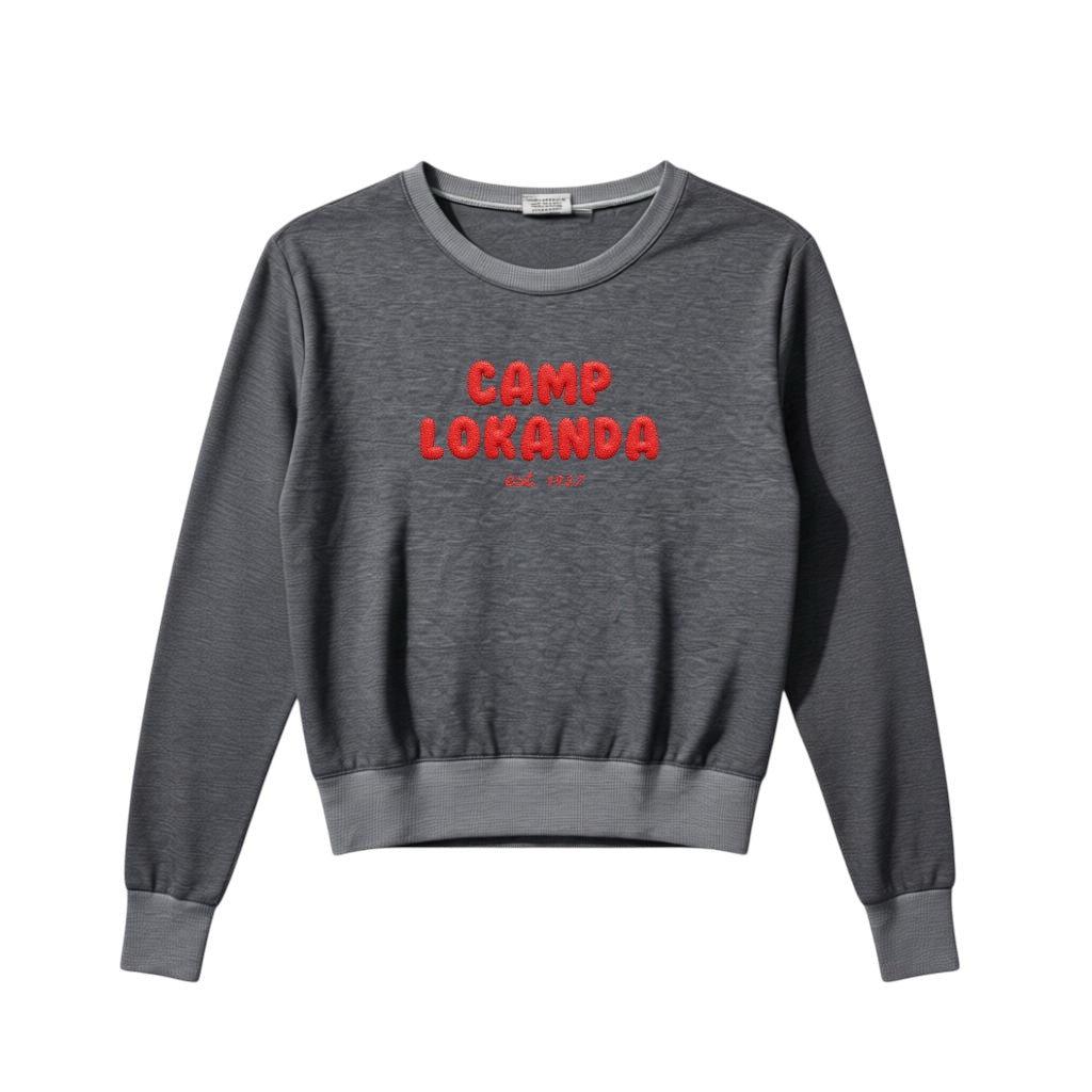 Grey crewneck sweatshirt with red Camp Lokanda text and est 1937 embroidery