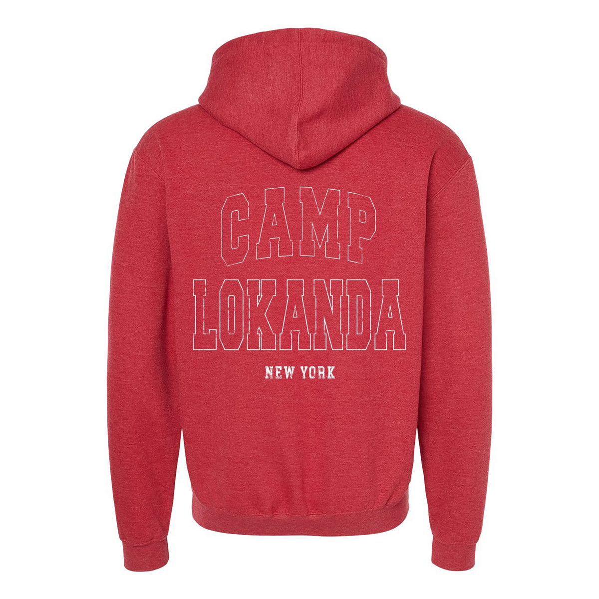 Red hooded sweatshirt with Camp Lokanda New York text printed on the back