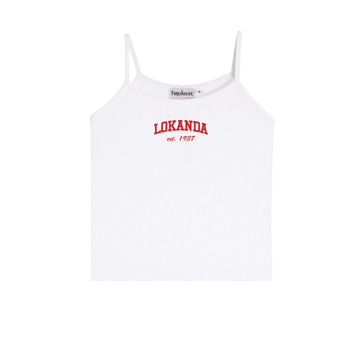 White ribbed camisole with red Lokanda est 1937 text graphic