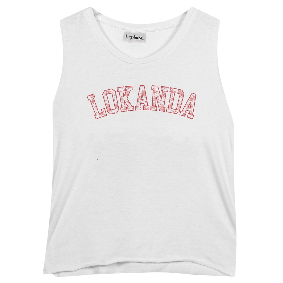 White sleeveless tank top with red arched Lokanda text