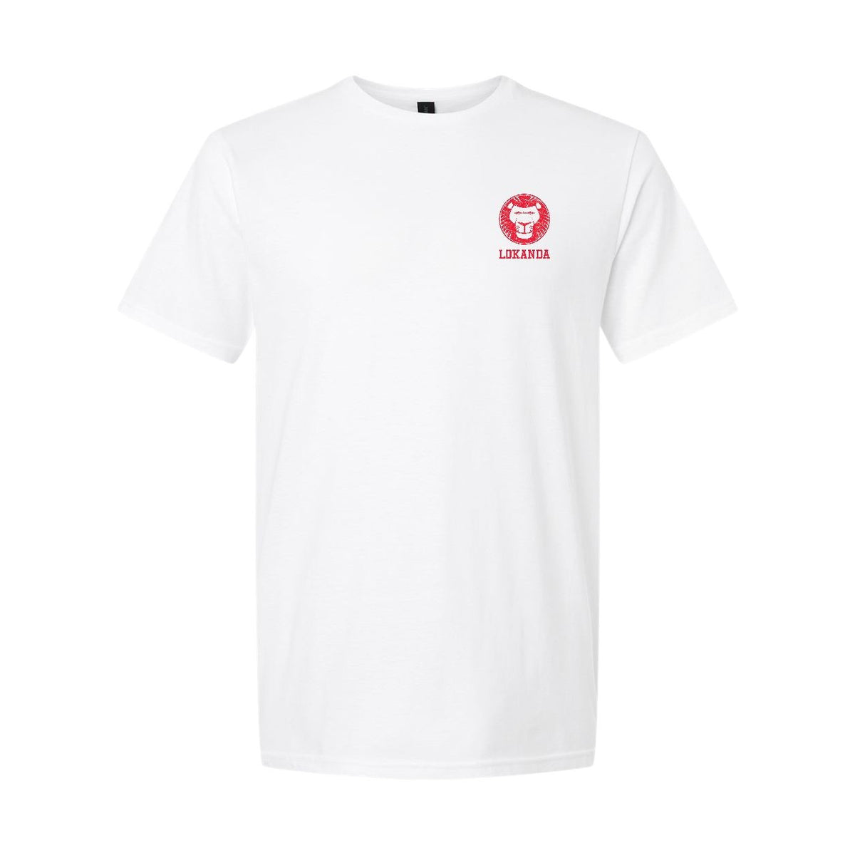 White crew neck t-shirt with a red Lokanda lion logo on the left chest