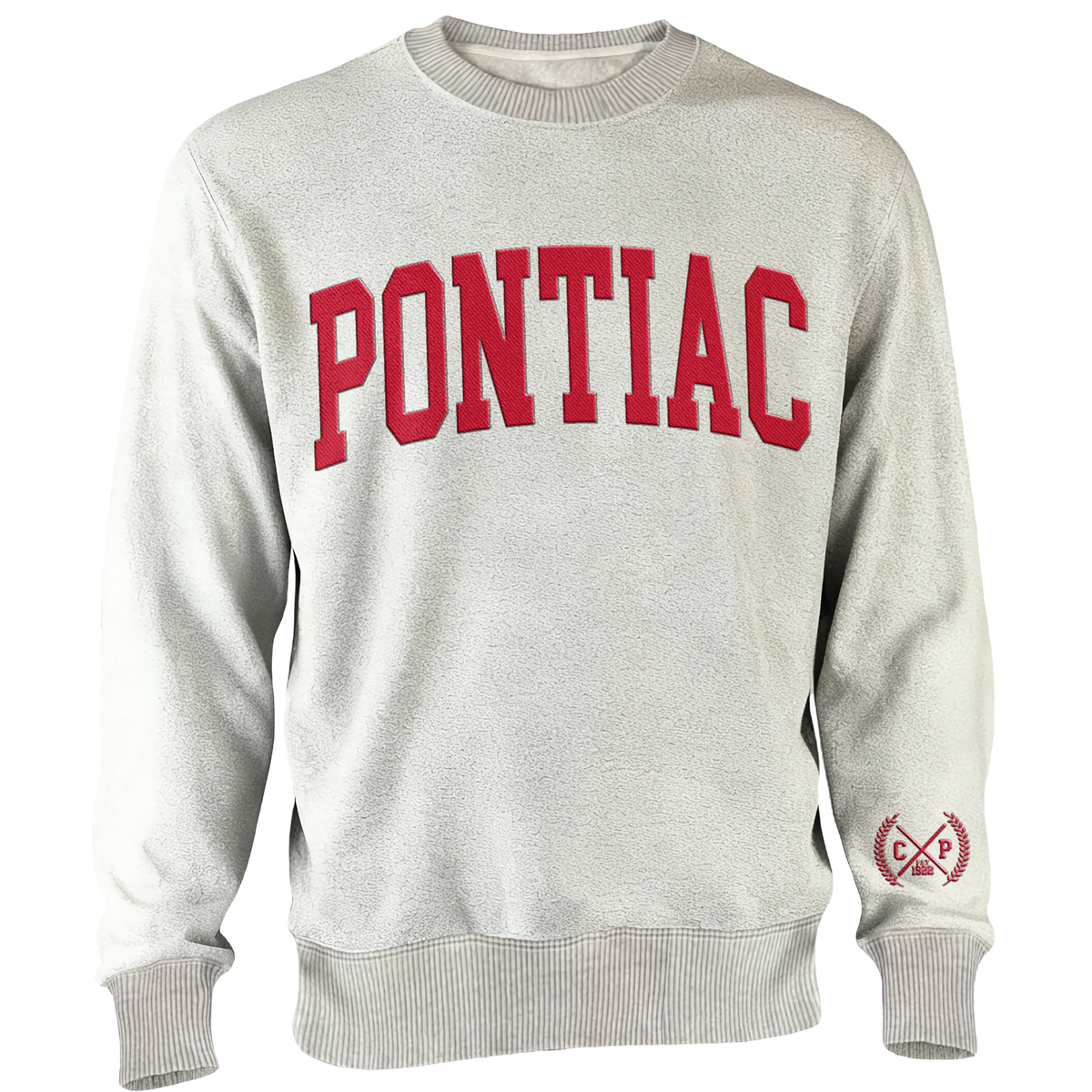 Light grey crewneck sweatshirt with red Pontiac text on chest and small logo on left sleeve