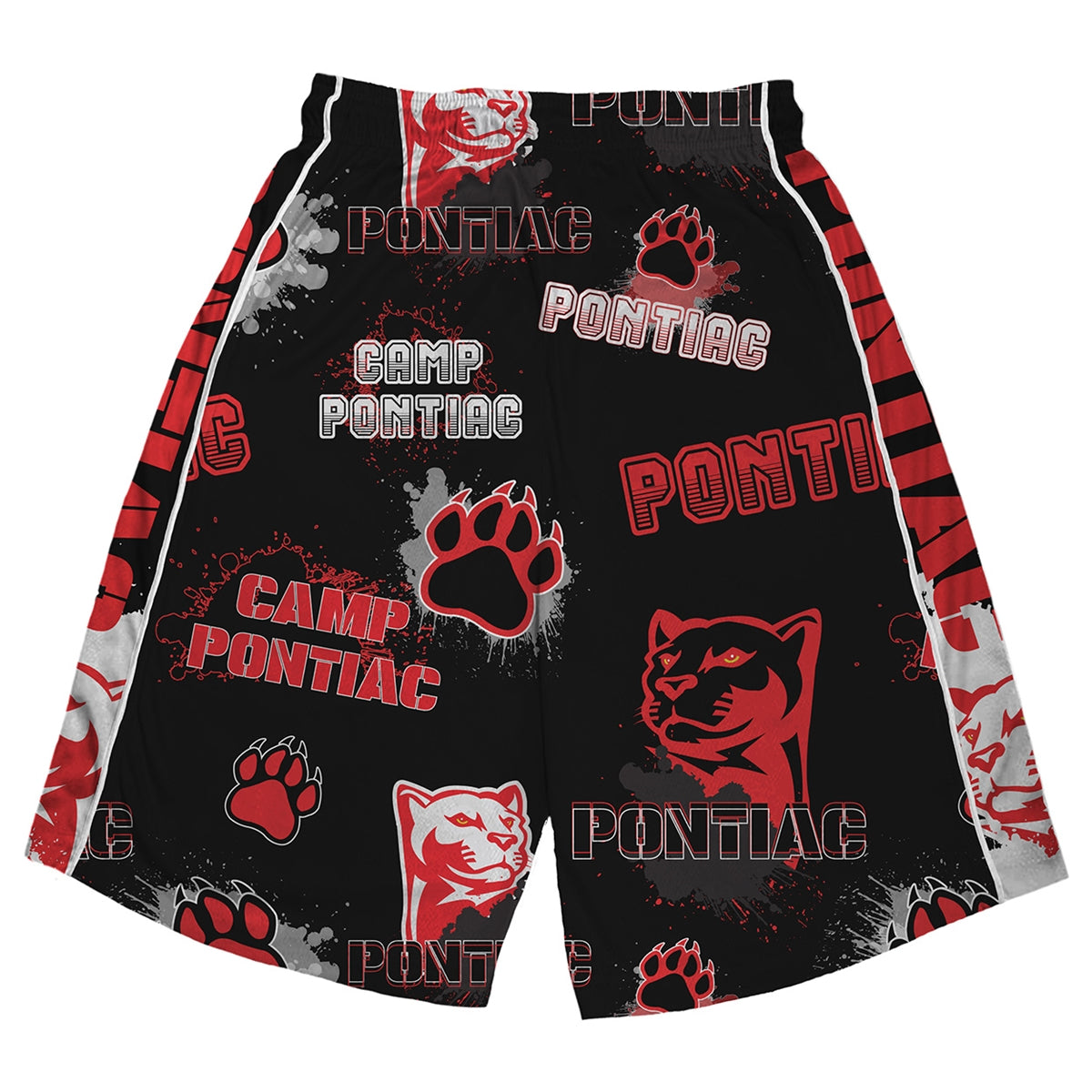 Black athletic shorts with red panther heads paw prints and Camp Pontiac text pattern