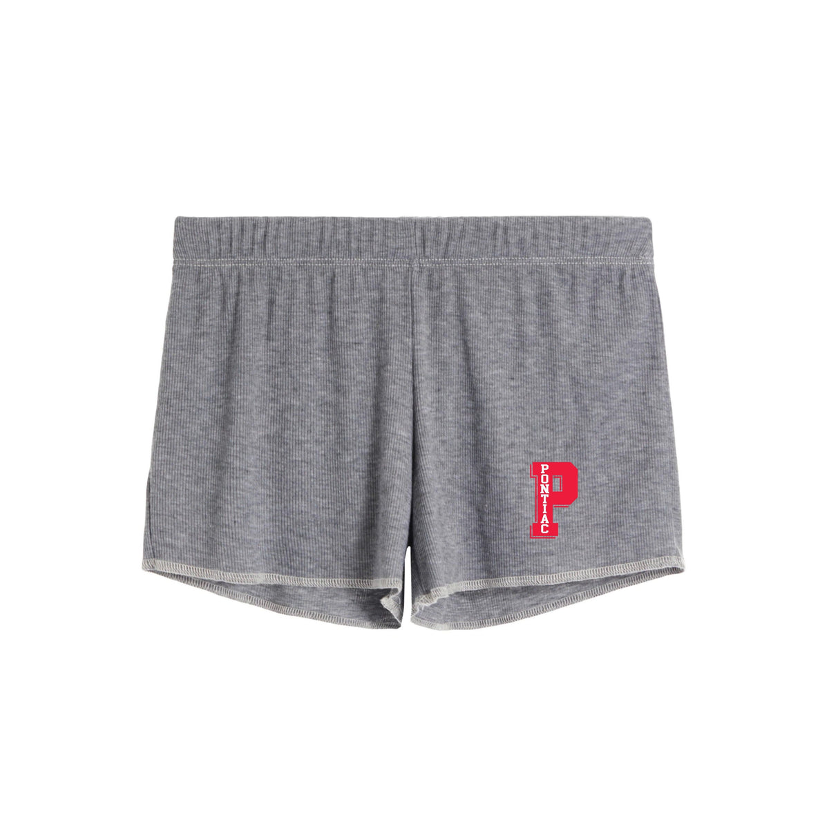 Grey ribbed lounge shorts with a red Pontiac logo on the leg