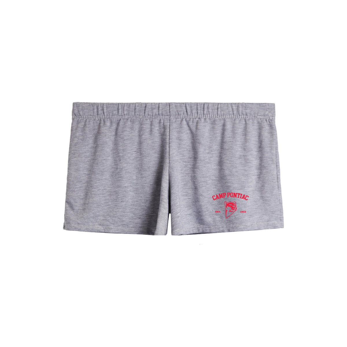 Grey athletic shorts with Camp Pontiac logo and panther graphic in red