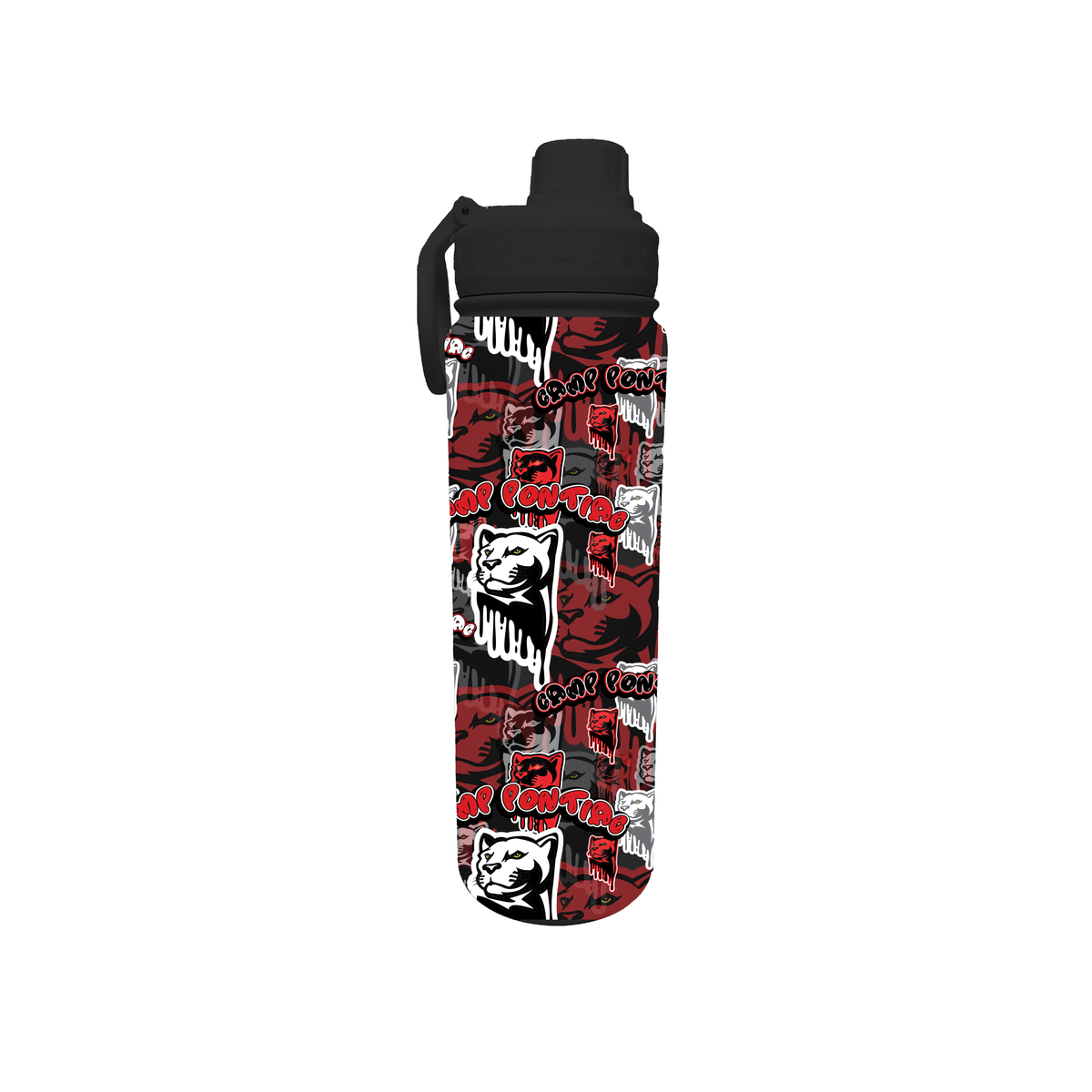 Black water bottle with red and white Camp Pontiac panther logo pattern