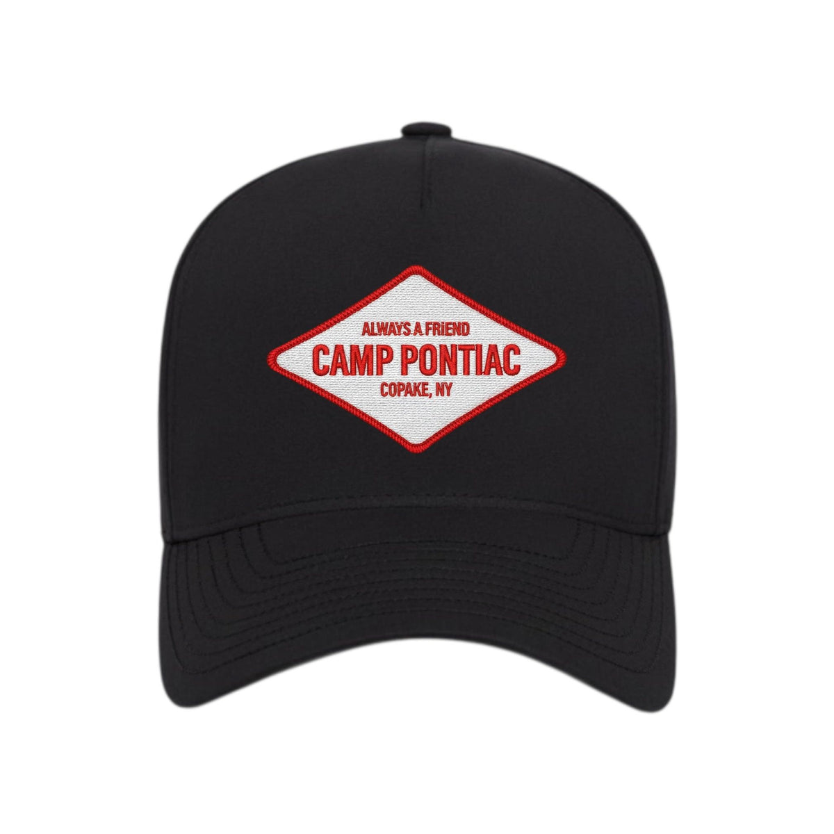 Black baseball cap with a diamond shaped Camp Pontiac embroidered patch