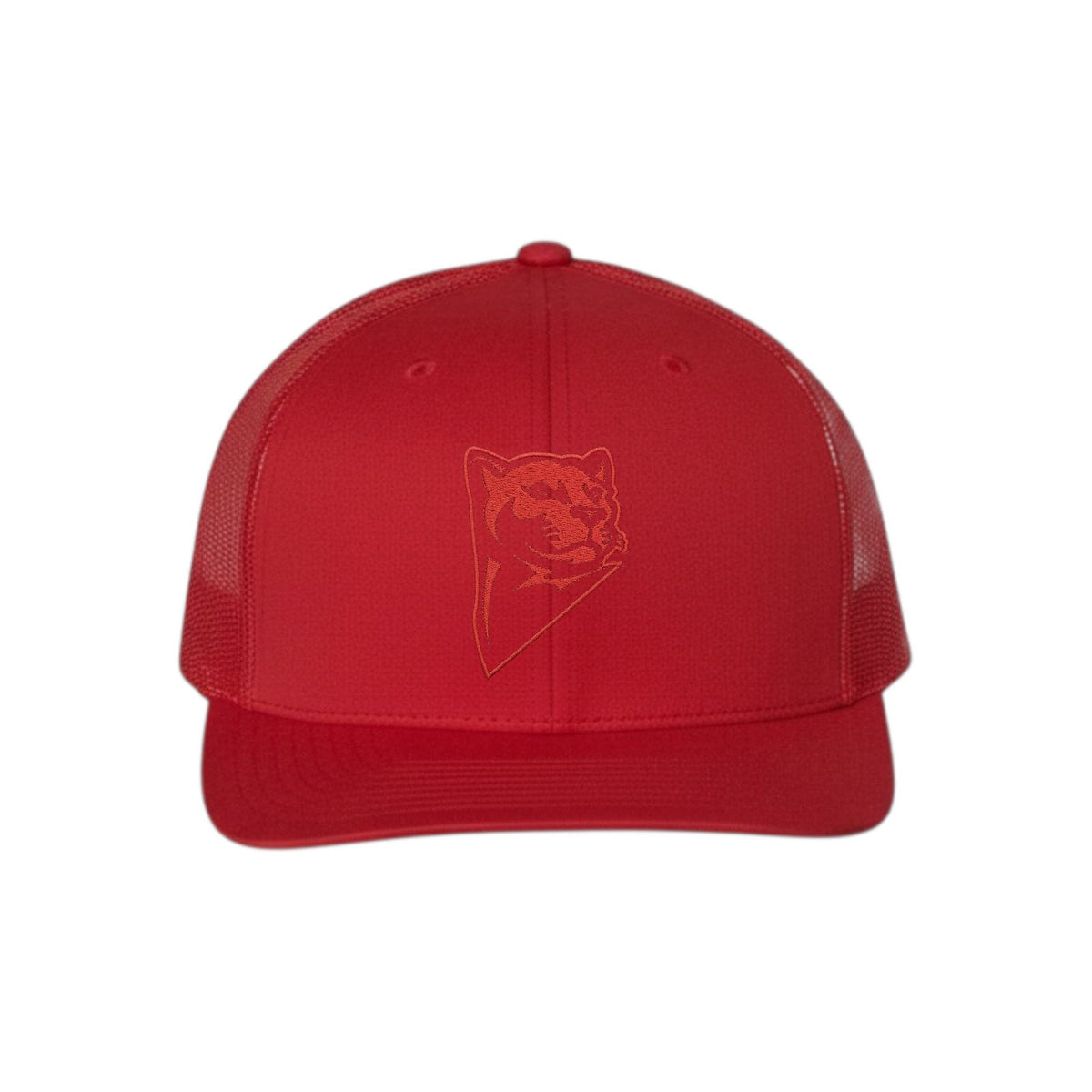 Red trucker hat with embroidered cougar logo on front