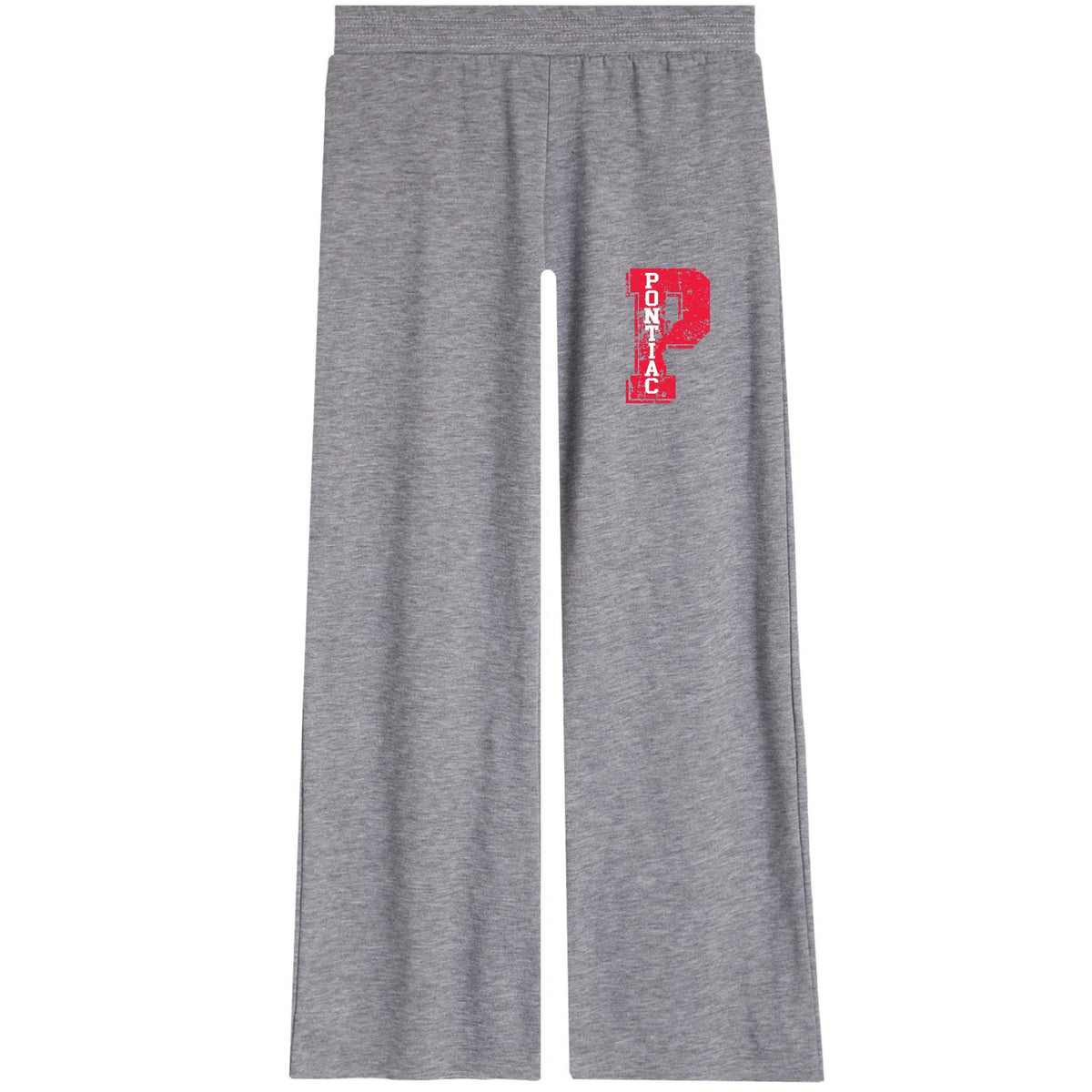 Grey sweatpants with a red Pontiac logo on the left leg