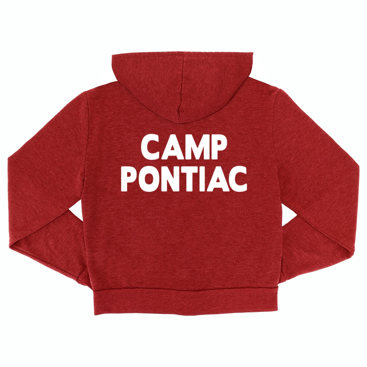 Red heathered hoodie with Camp Pontiac printed in white text on the back