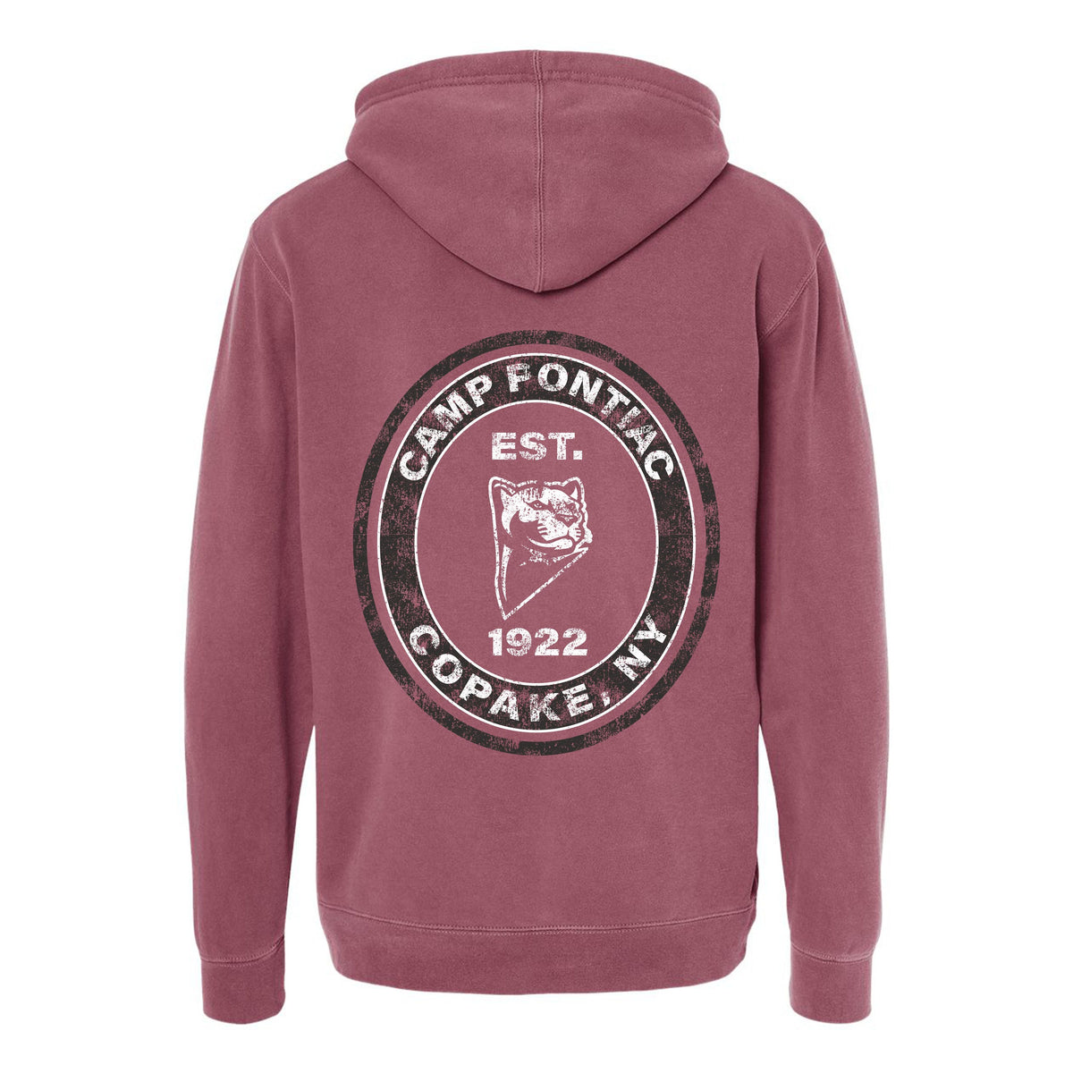 Back view of a maroon hoodie with a circular Camp Pontiac logo featuring a panther head and text