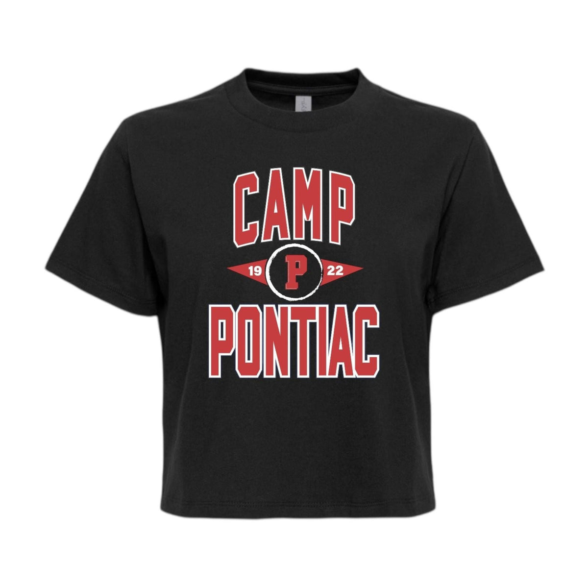 Black cropped t-shirt with red and white Camp Pontiac graphic on the front