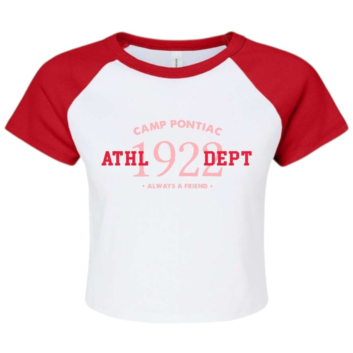 White and red raglan crop top with Camp Pontiac 1922 Always A Friend graphic