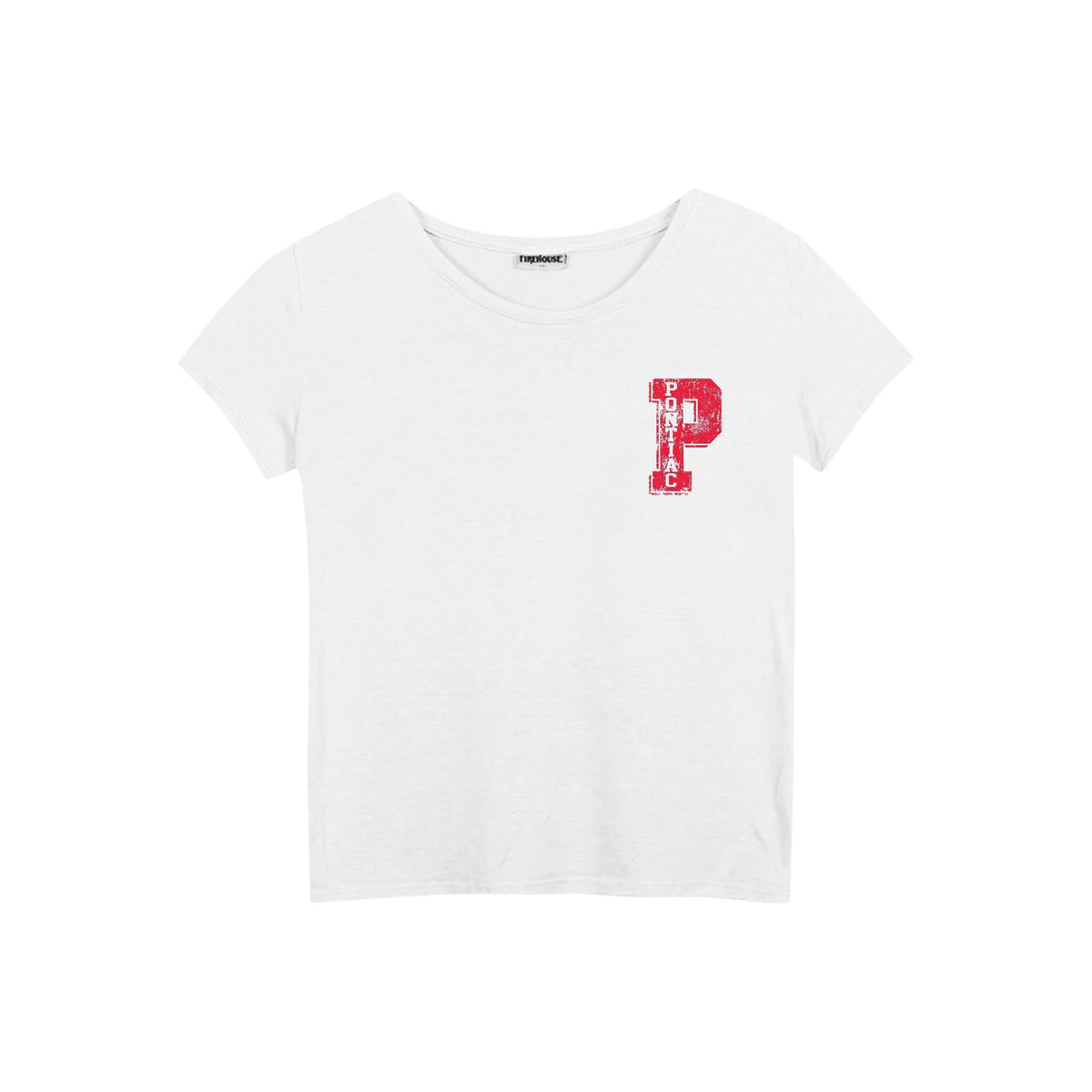 White short sleeve t-shirt with a red distressed Pontiac letter P graphic on the chest