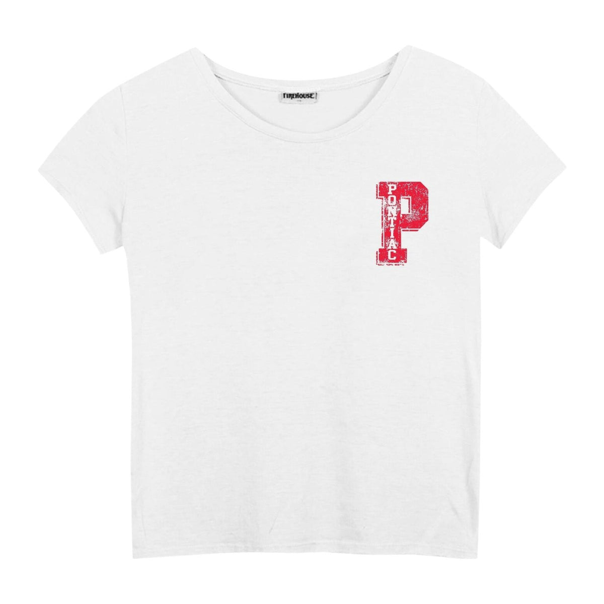 White short sleeve t-shirt with a red distressed Pontiac letter P graphic on the chest