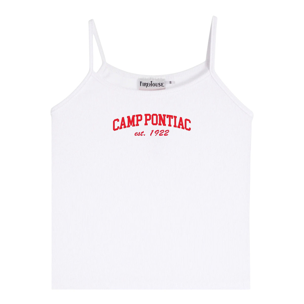 White ribbed camisole with red Camp Pontiac est 1922 text graphic